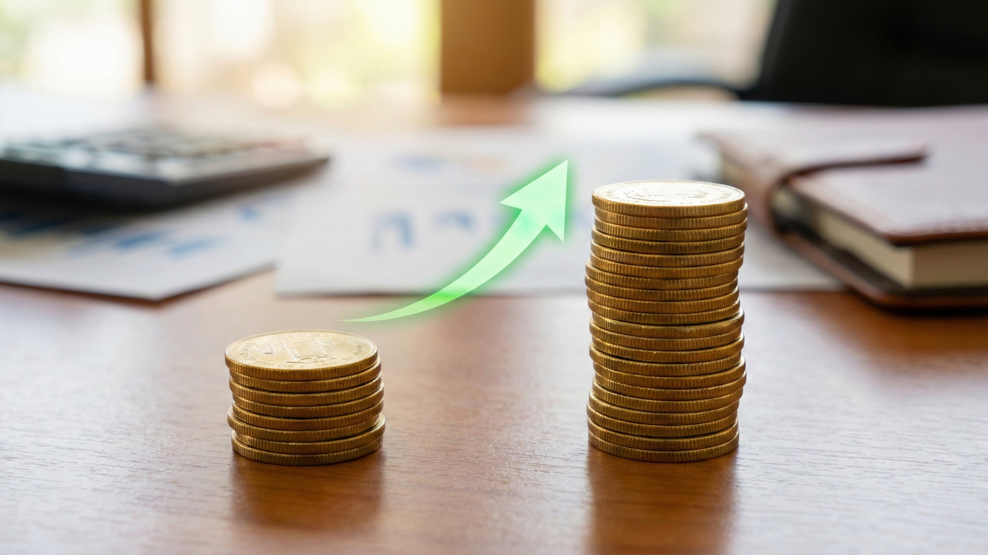 Stacks of coins increasing in height with an upward arrow, symbolizing rising dividends and strong cash returns for major stocks.