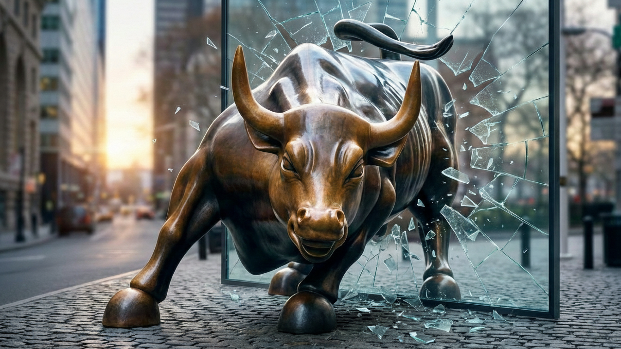Charging bull smashing glass symbolizes bullish S&P 500 earnings momentum led by tech, financials and AI-driven growth.