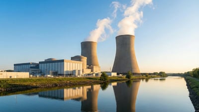 Modern nuclear plant against a bright blue sky.