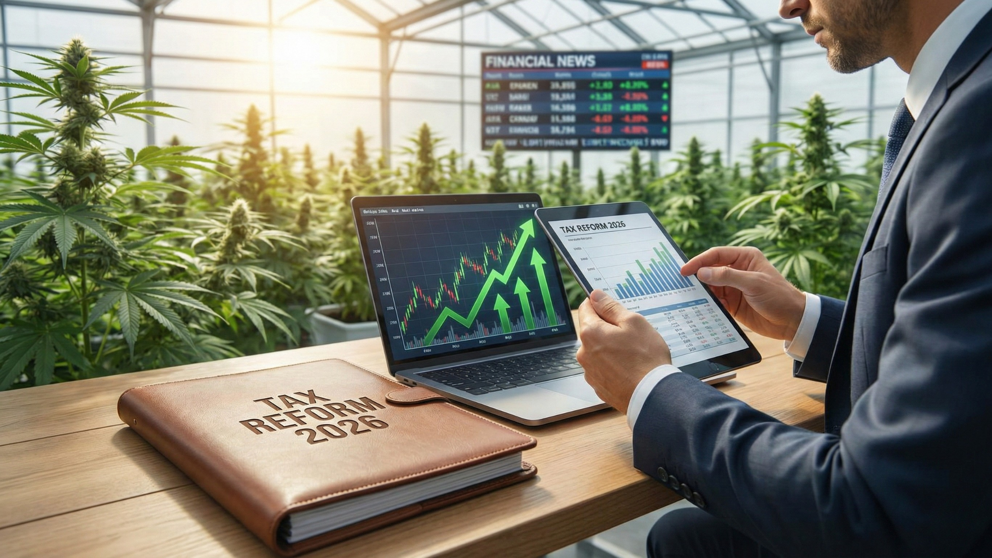 Investor reviews cannabis stocks in a greenhouse as tax reform 2026 and federal rescheduling drive sector profitability outlook.