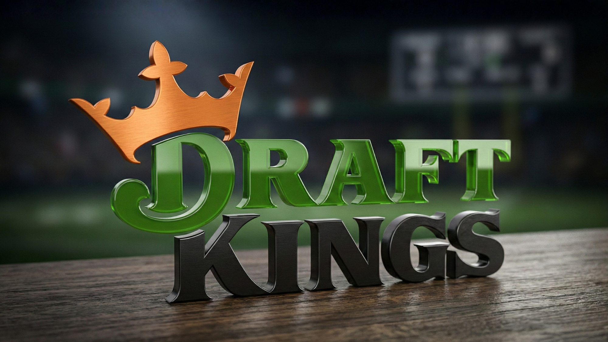 DraftKing's logo dramatically lit, with faint imagery suggesting a sports field in the background.