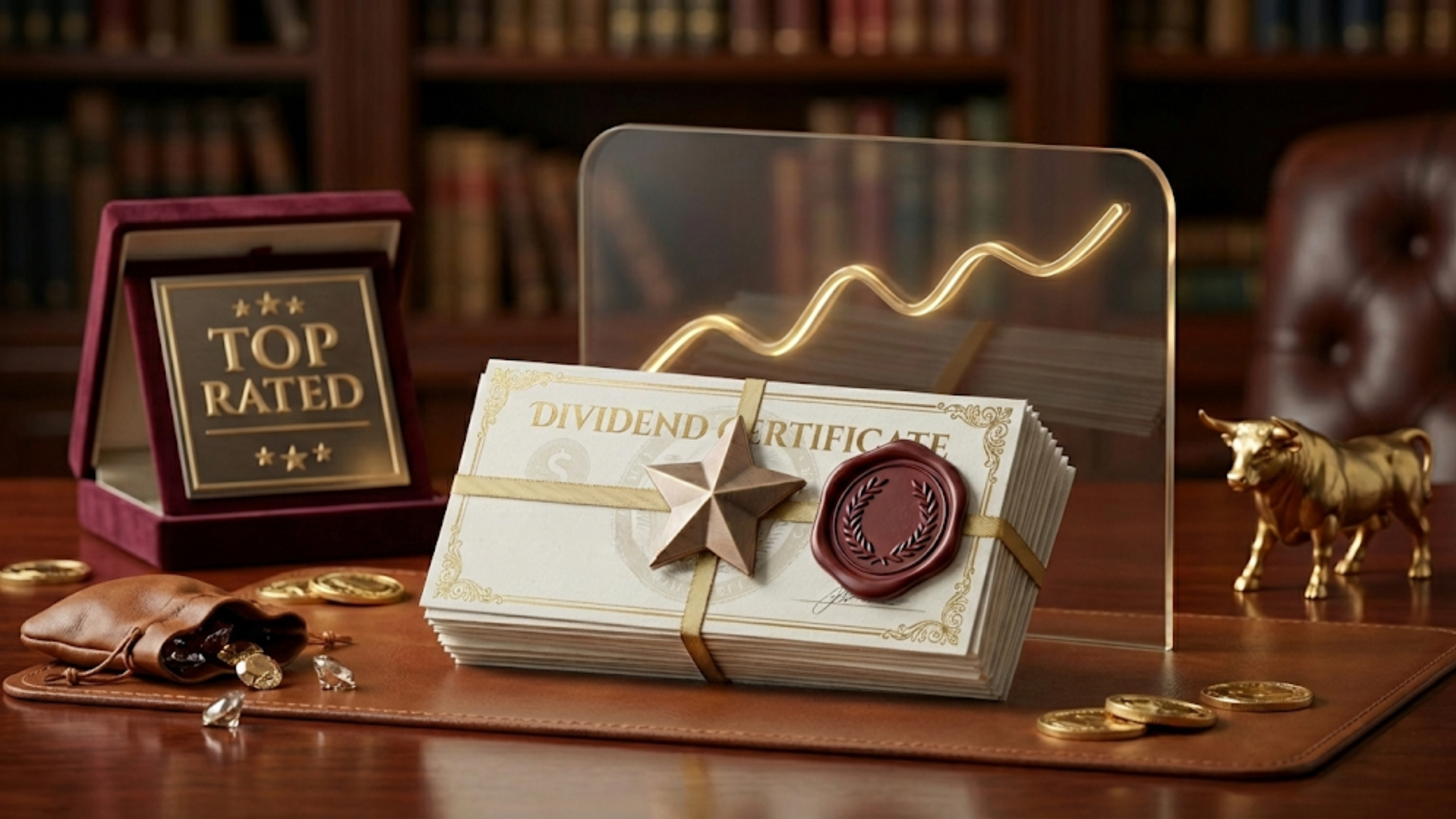 Dividend certificates, gold coins, and a rising chart motif emphasize dividend income and top-rated payout performance.