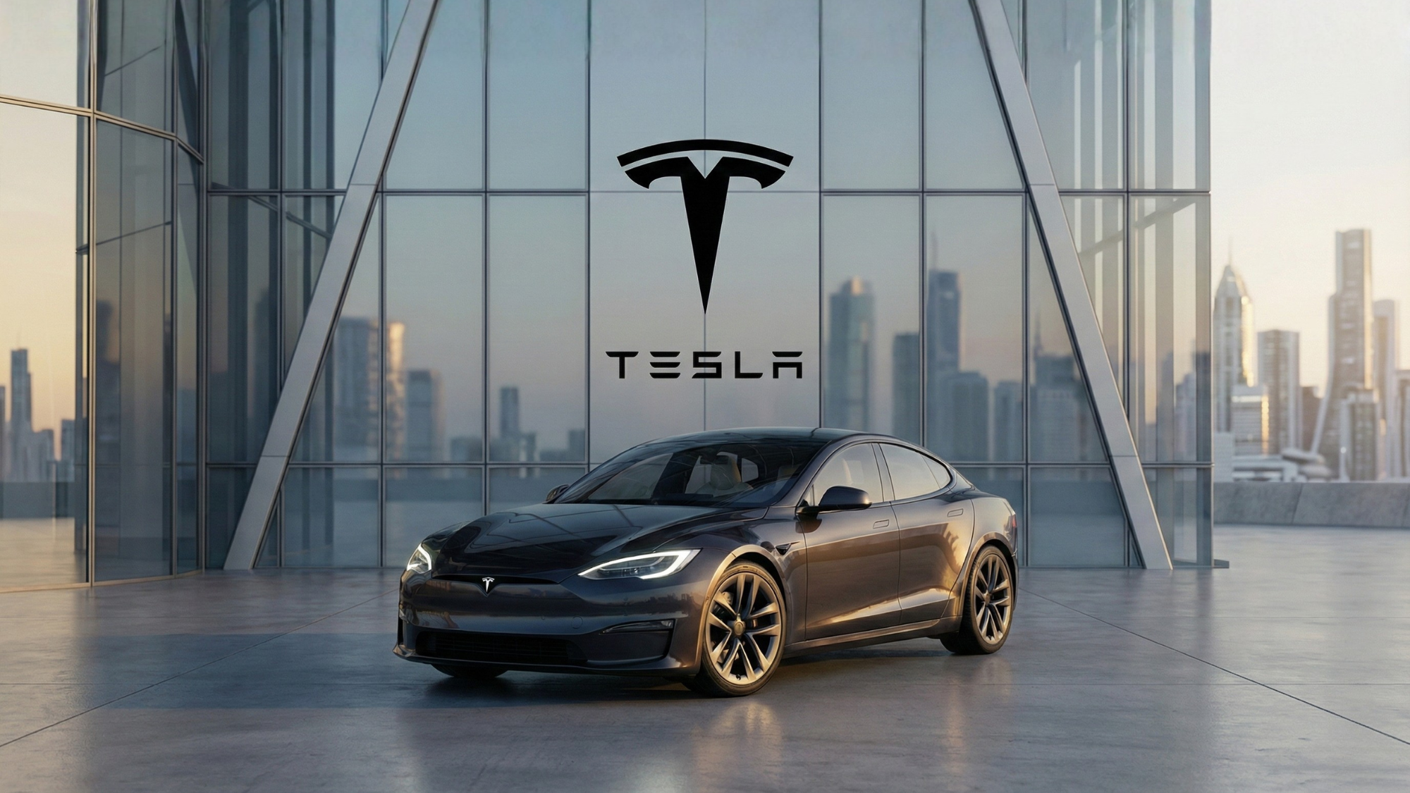 Tesla vehicle parked infront of a sleek depiction of a company building.