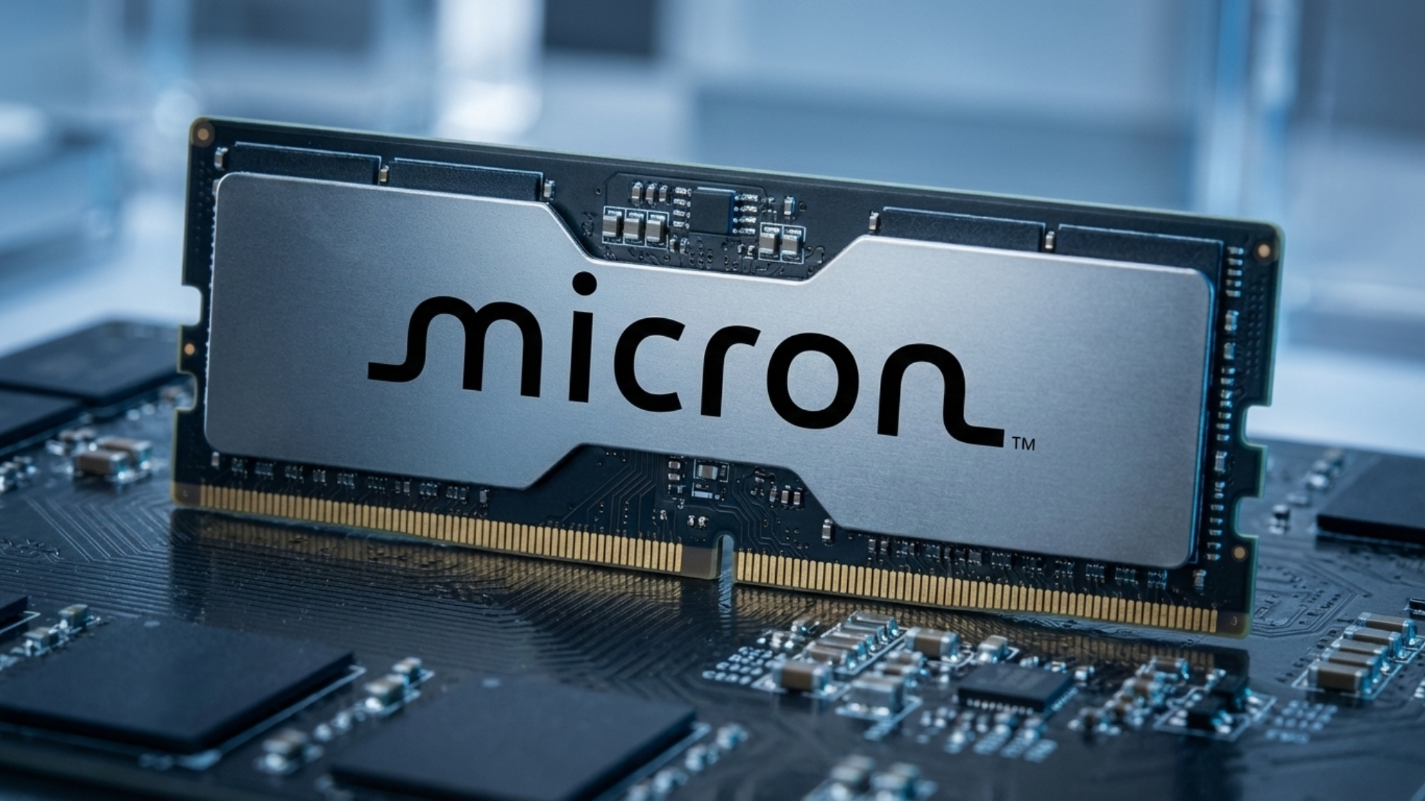 Close-up of a Micron-branded memory module installed on a circuit board, representing the semiconductor memory industry and AI-driven demand growth.
