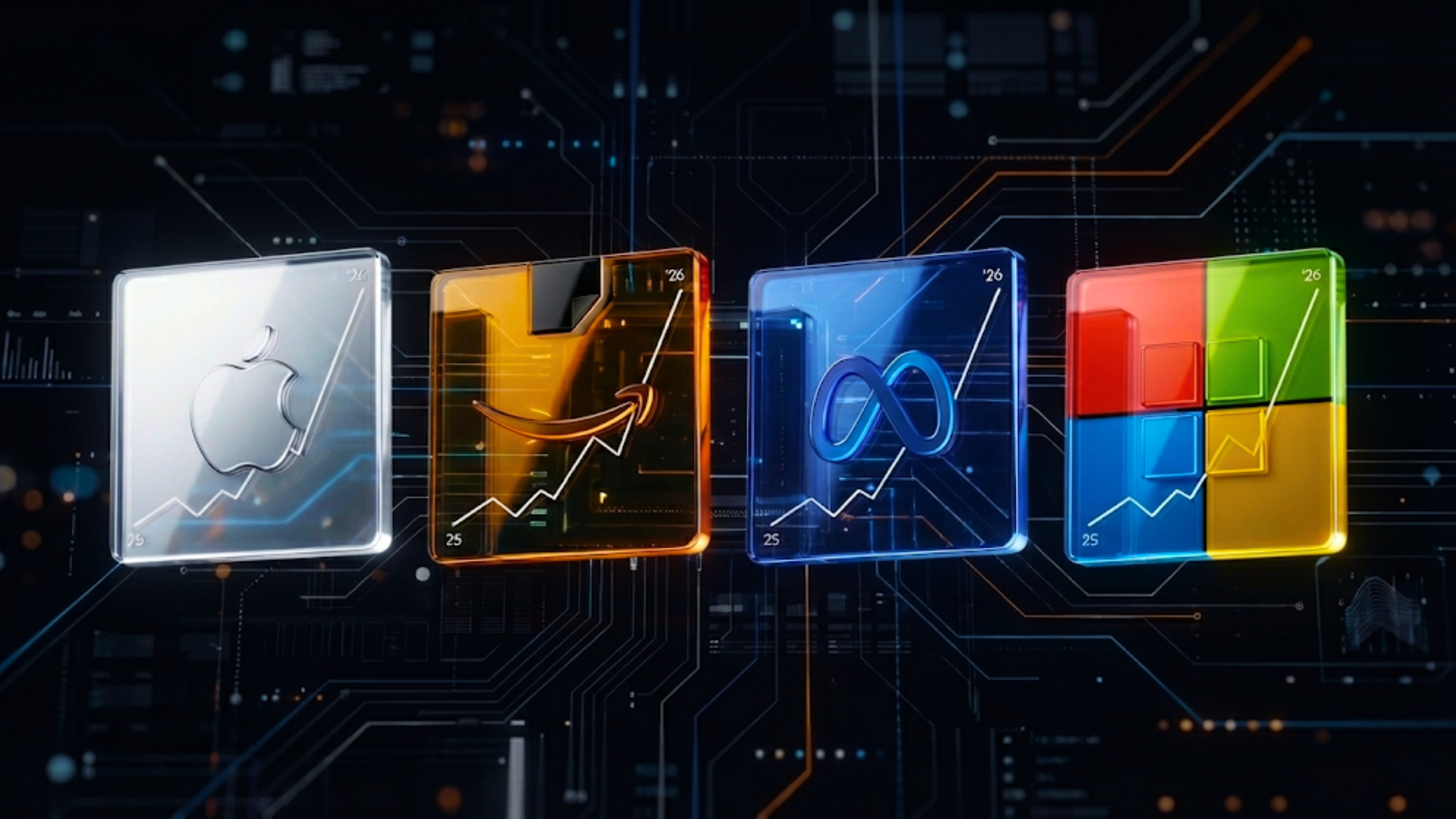 Tech giants Apple, Amazon, Meta, and Microsoft are shown with rising trend icons, signaling mega-cap momentum.
