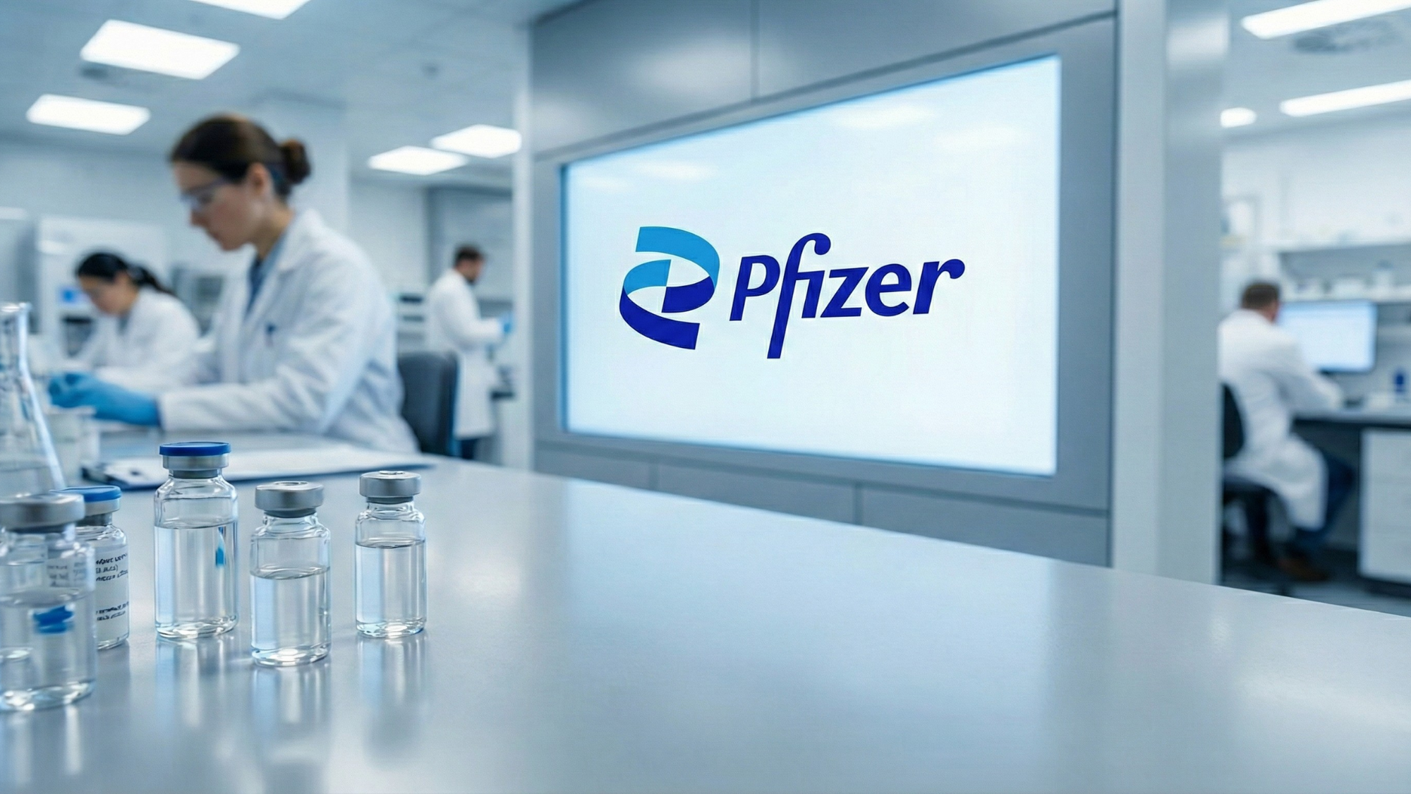 Pfizer research laboratory with branded display and vaccine vials, illustrating a major pharmaceutical company rebuilding value and pipeline strength.