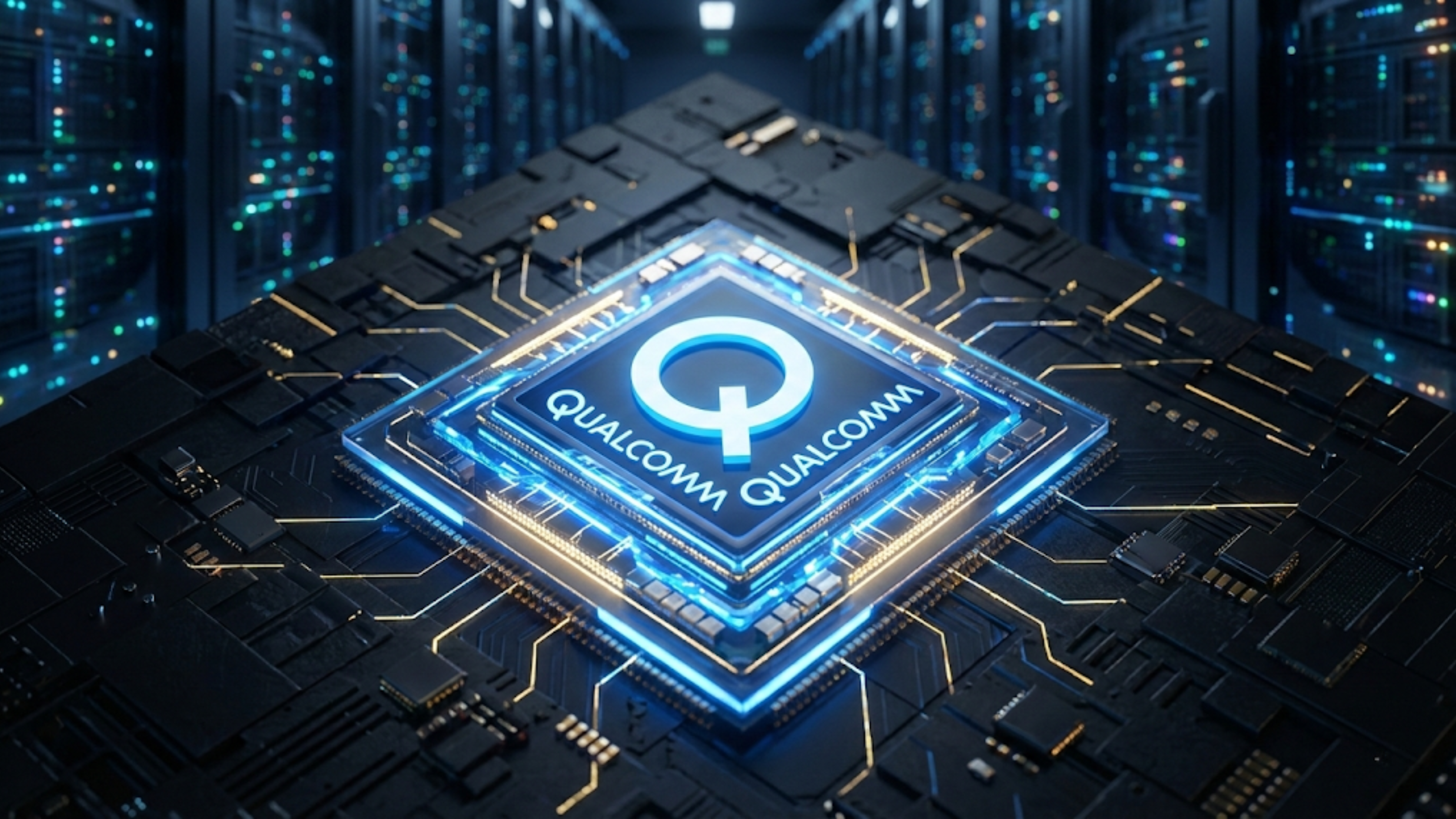 Qualcomm-branded chip glows on a circuit board amid server racks, highlighting data-center AI market growth.