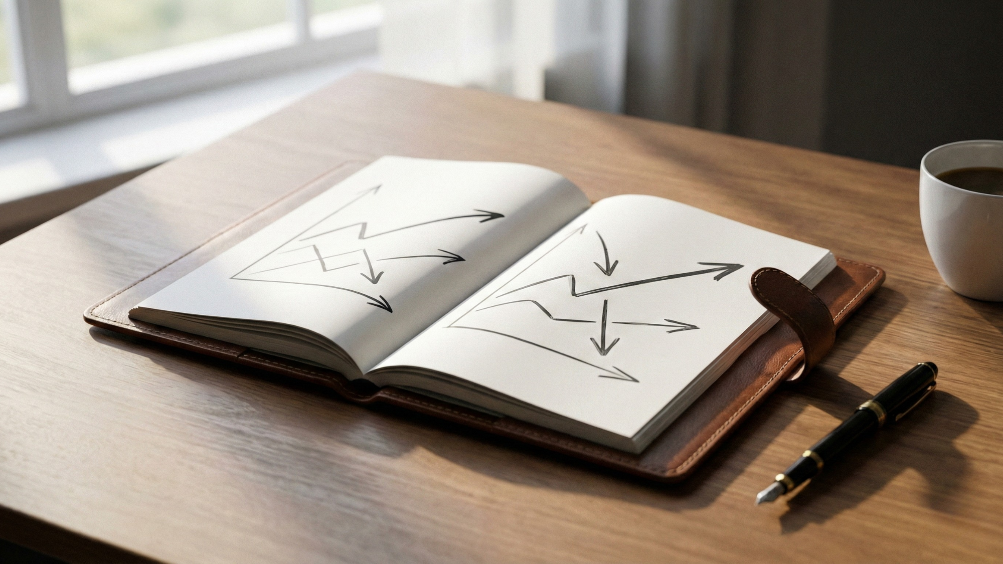Open investment playbook on a desk with hand-drawn arrows, symbolizing sector rotation strategy for 2026 investing.