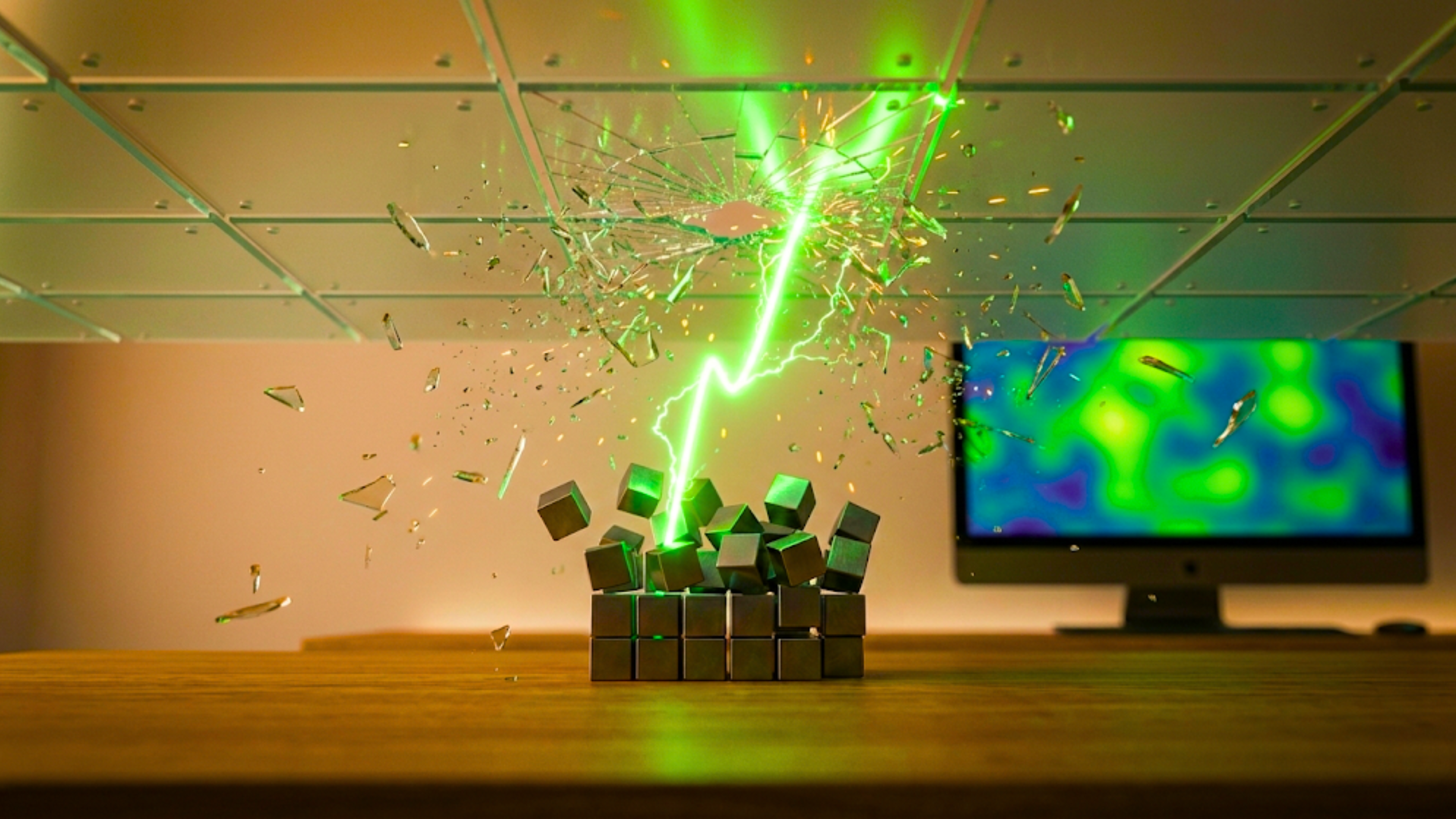 Green lightning bursts through stacked blocks on a desk, symbolizing a small-cap stock breakout.