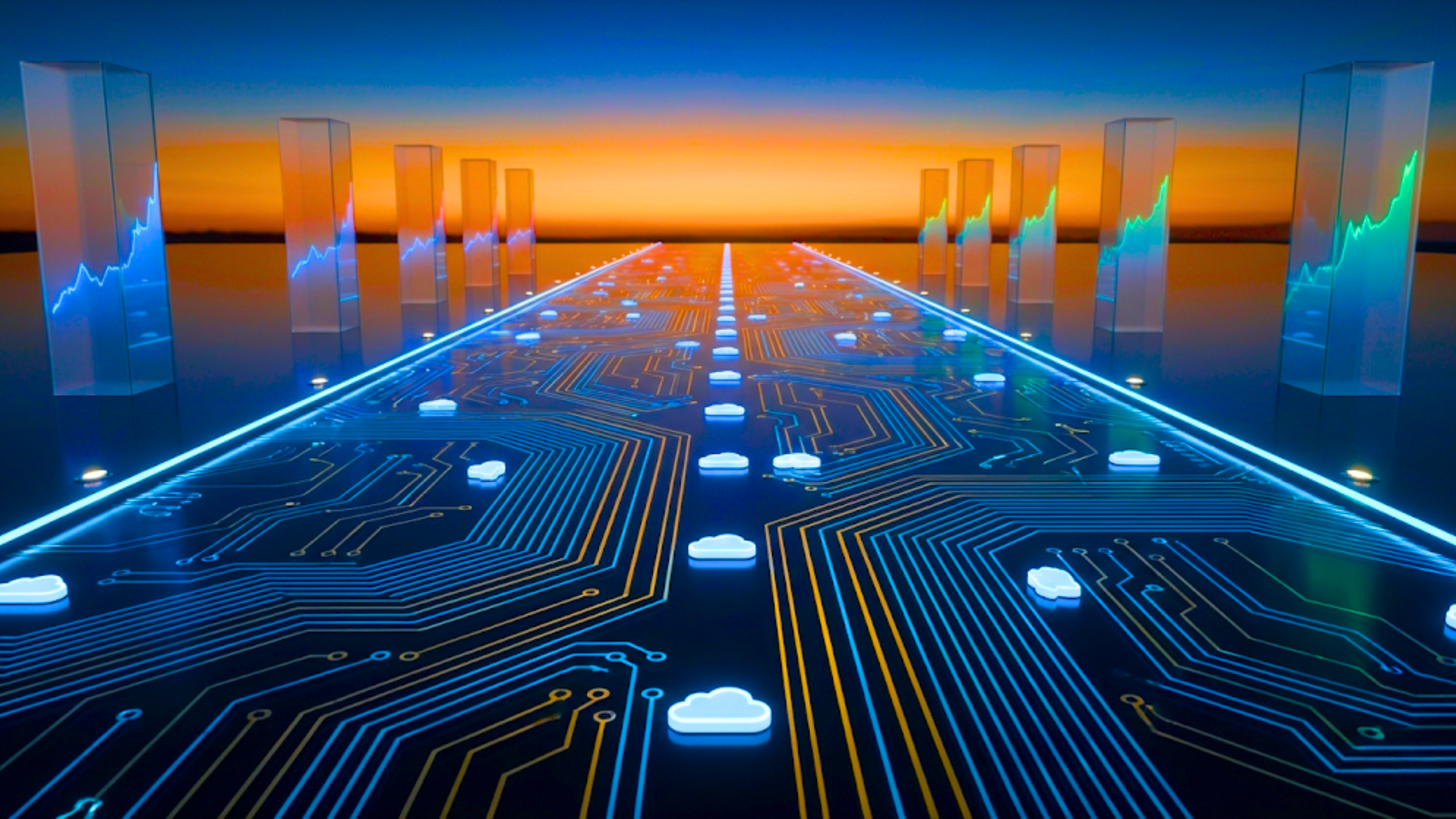 Digital circuit pathway lined with cloud icons and rising charts illustrates accelerating cloud computing adoption.
