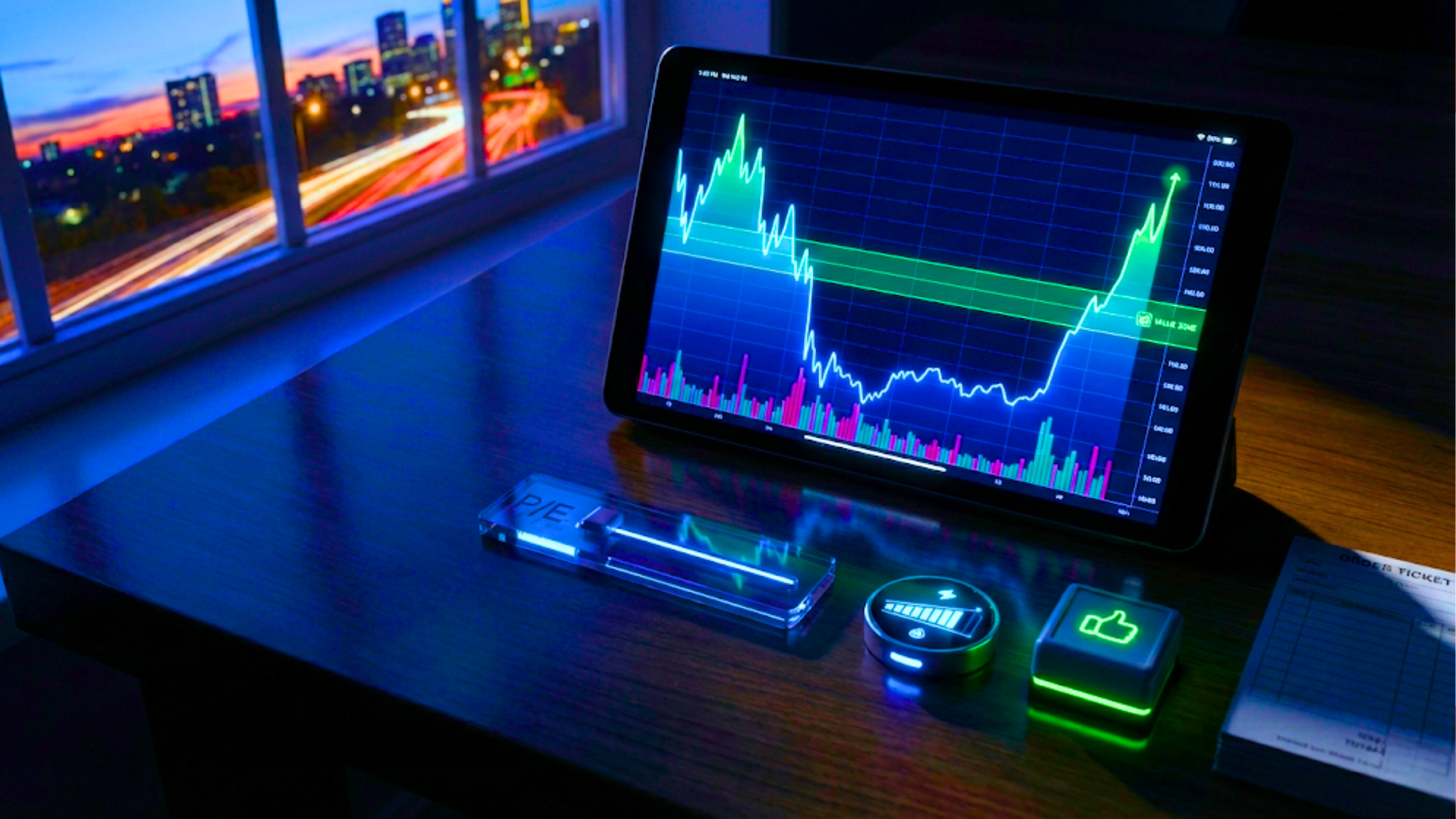 Tablet displays a stock chart rebounding from a highlighted support zone, symbolizing undervalued stocks.