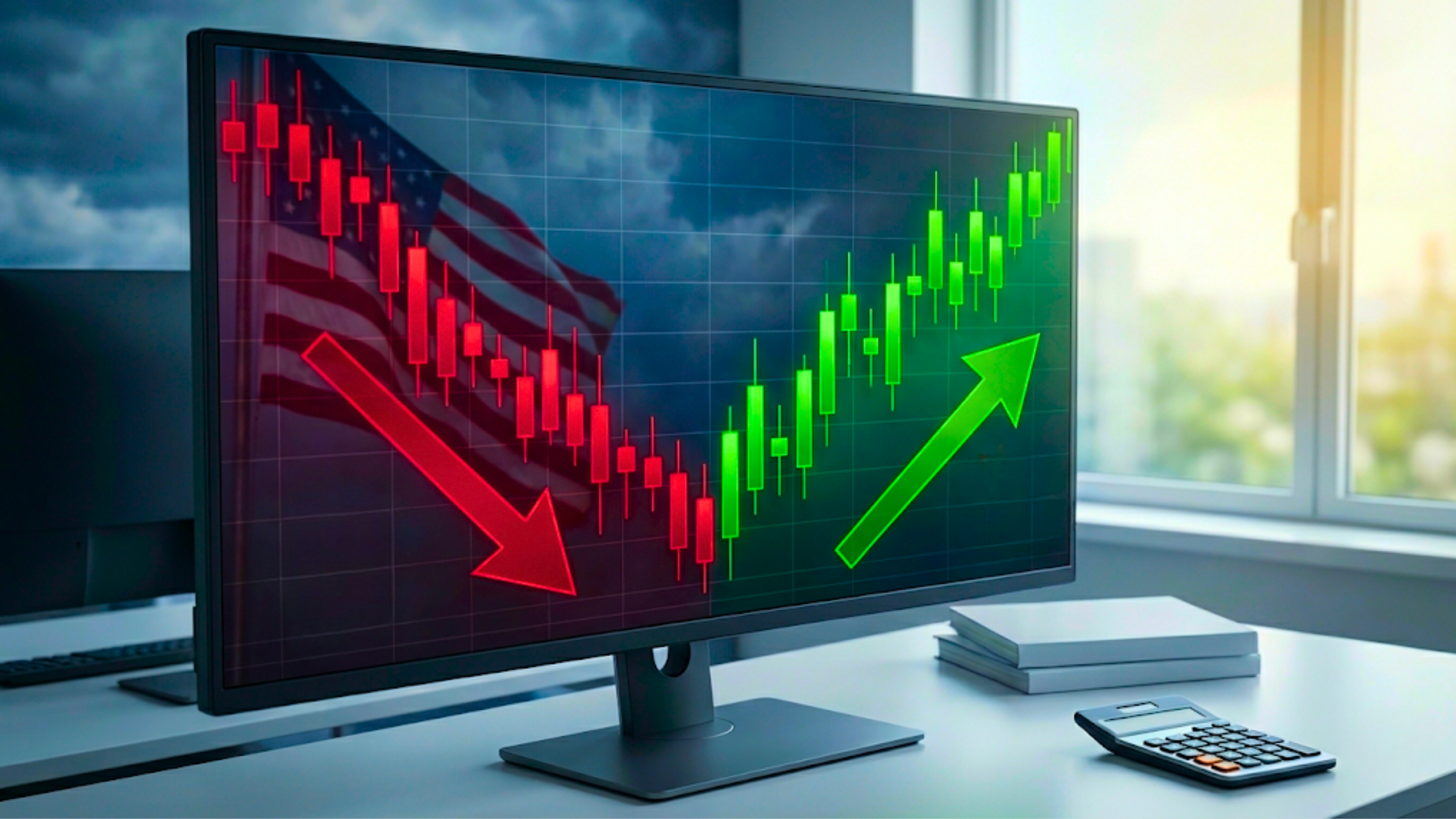 Market chart on a monitor shows a U.S. stock downturn turning into a rally, signaling improving economic outlook.