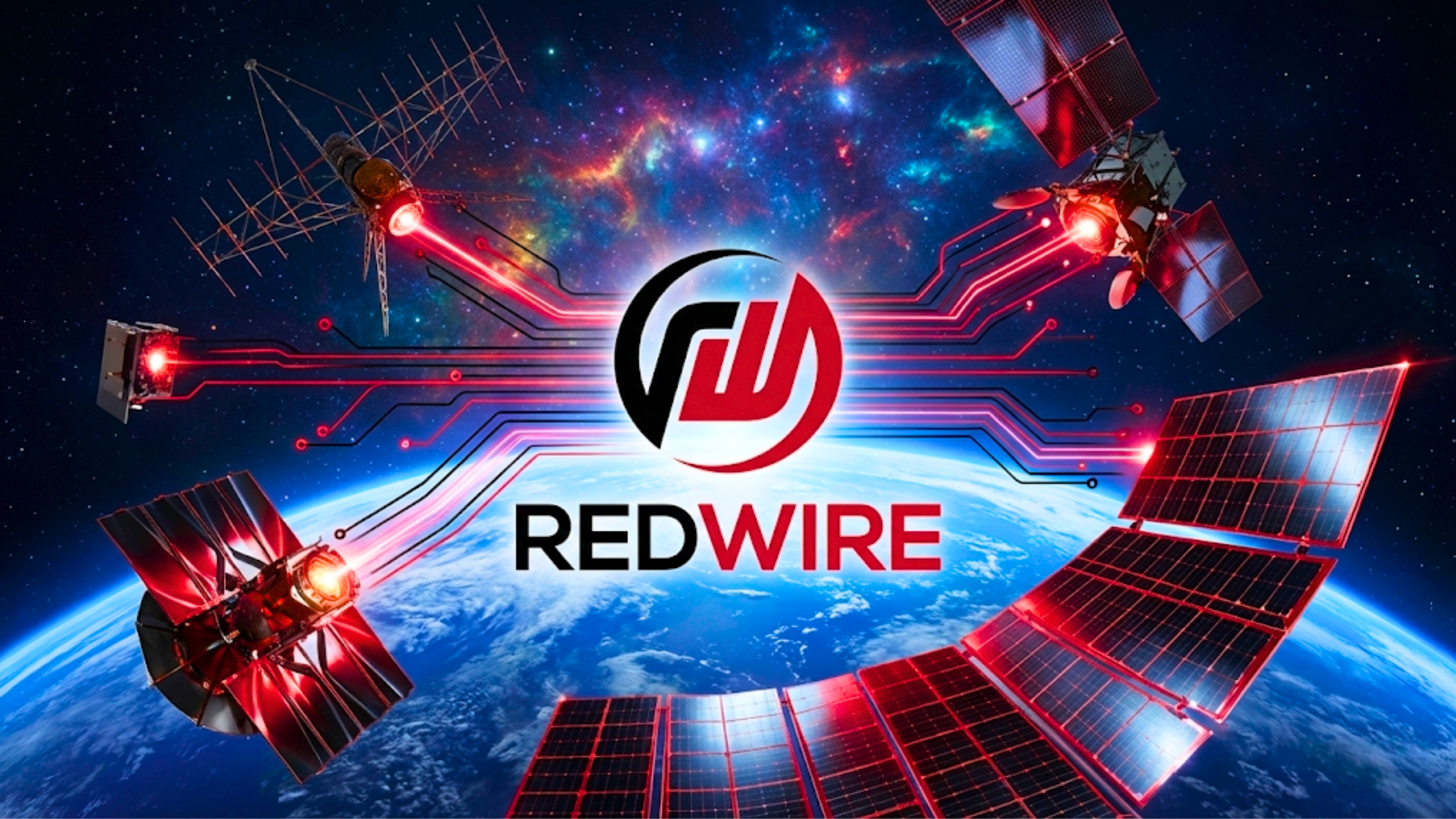 Redwire logo surrounded by satellites over Earth highlights space infrastructure growth and rising defense demand.
