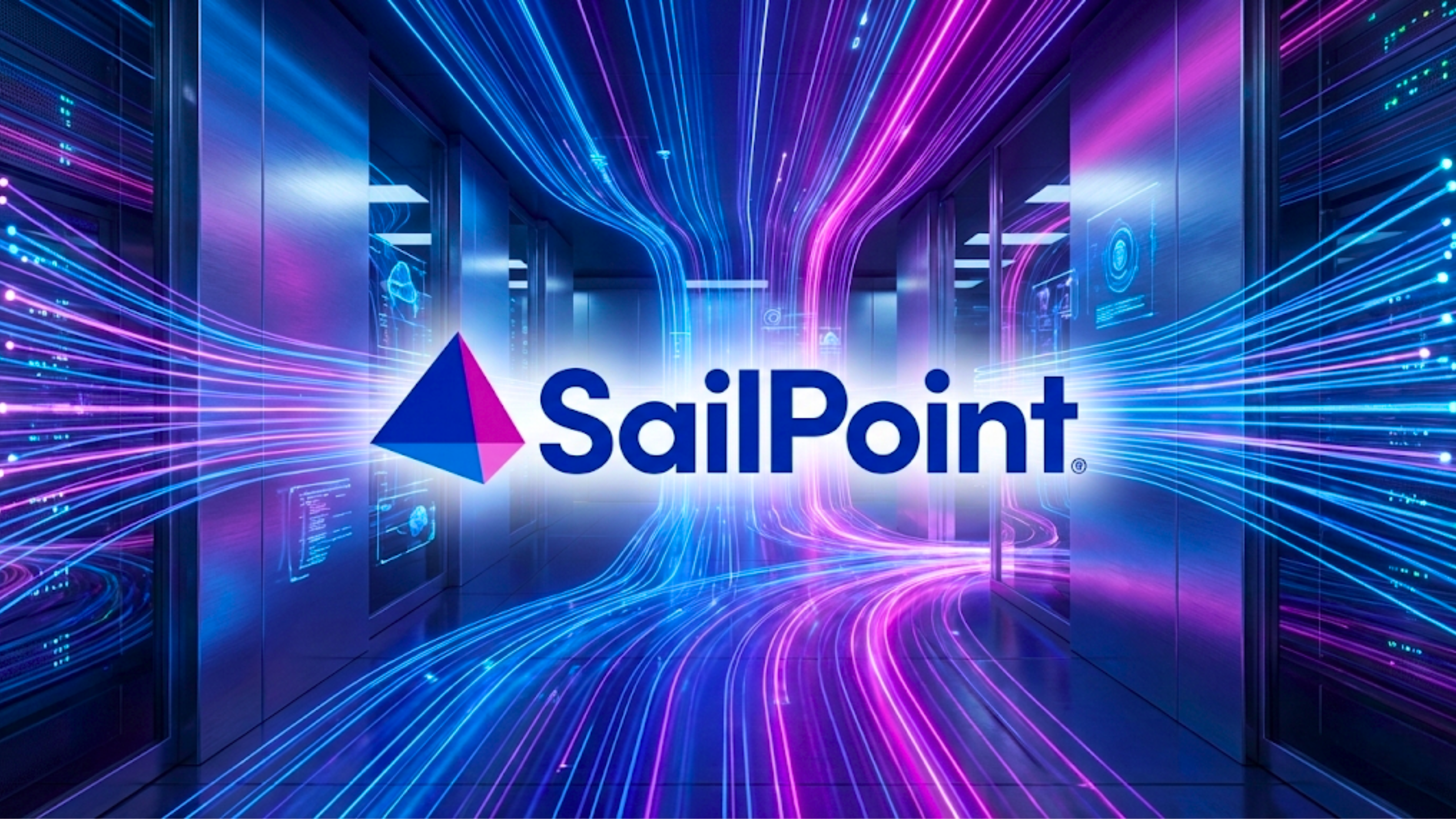 SailPoint logo set in a data center with digital streams highlights identity security growth and cybersecurity demand.