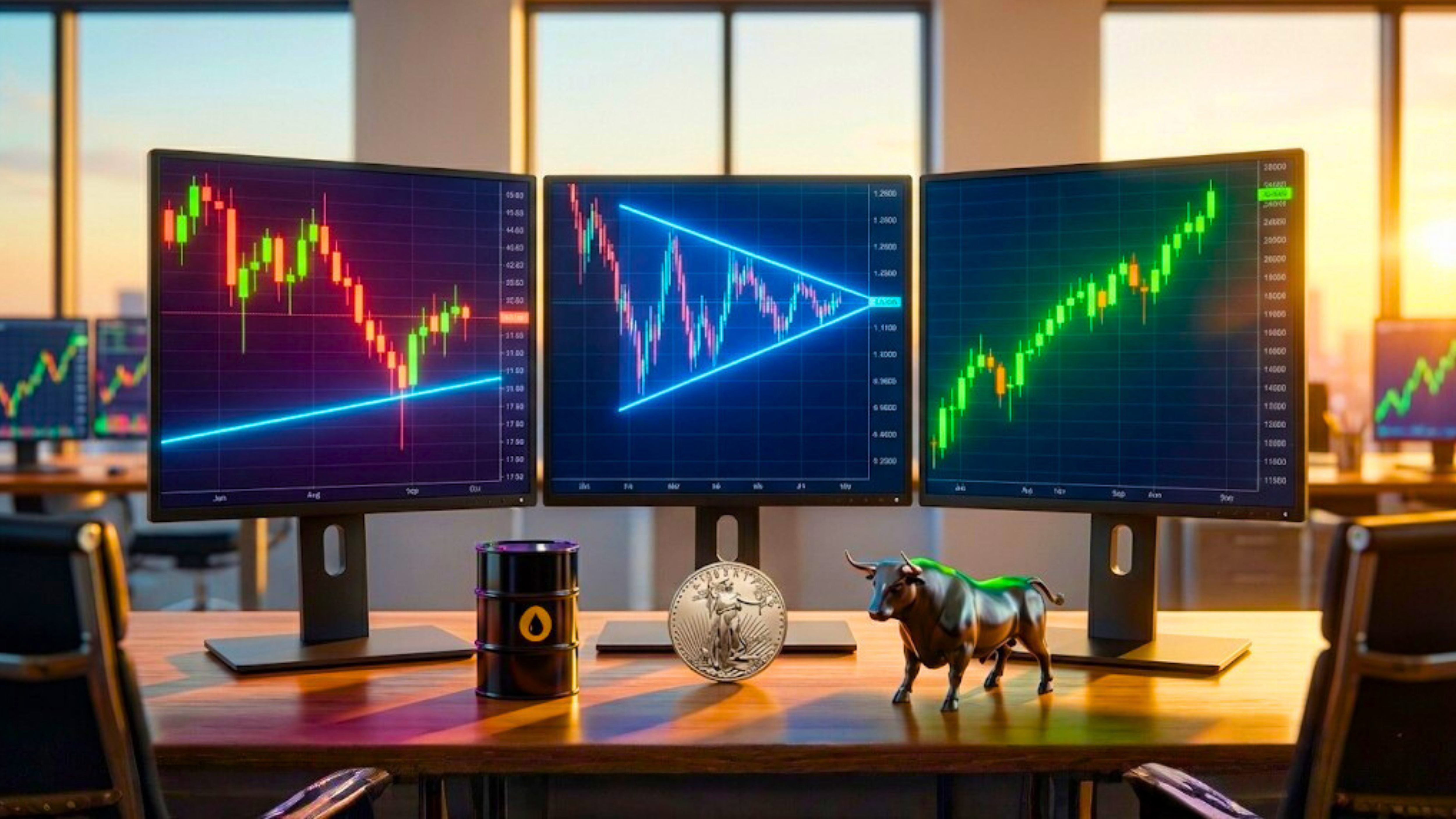 Trading desk monitors multi-screen stock charts showing patterns, bullish momentum and market signals.