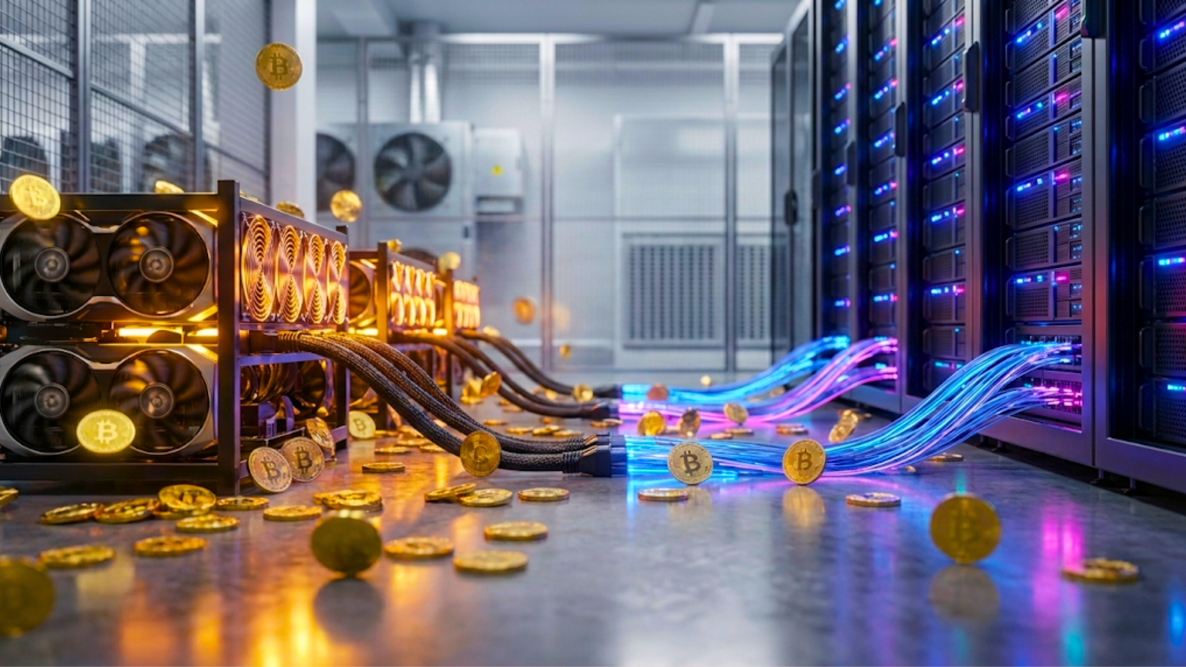 Cryptocurrency mining rigs and servers process Bitcoin transactions, highlighting rising crypto infrastructure costs.