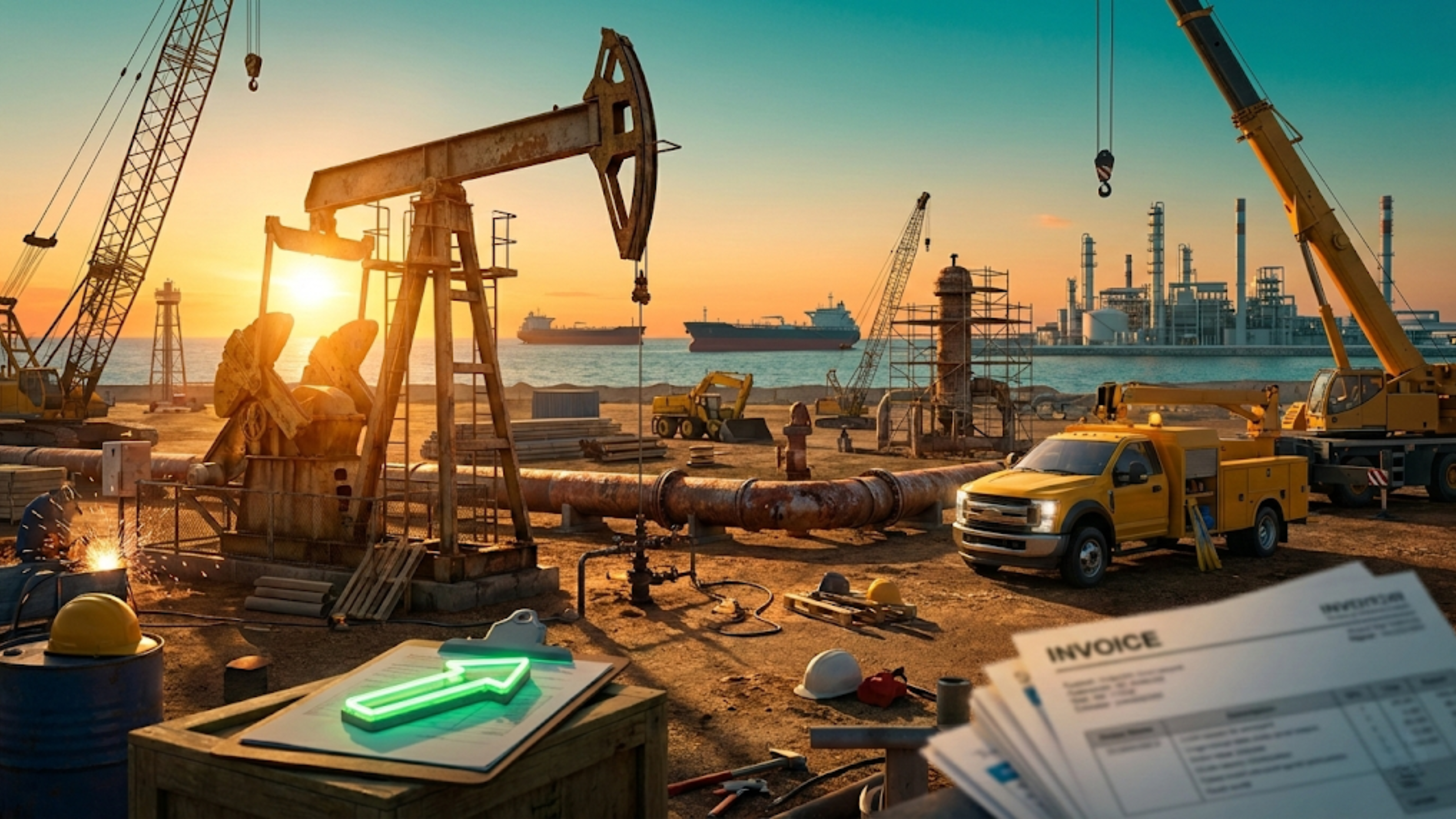 Oil pumpjack and refinery construction site with invoices and upward arrow signal rising energy prices and energy sector costs.