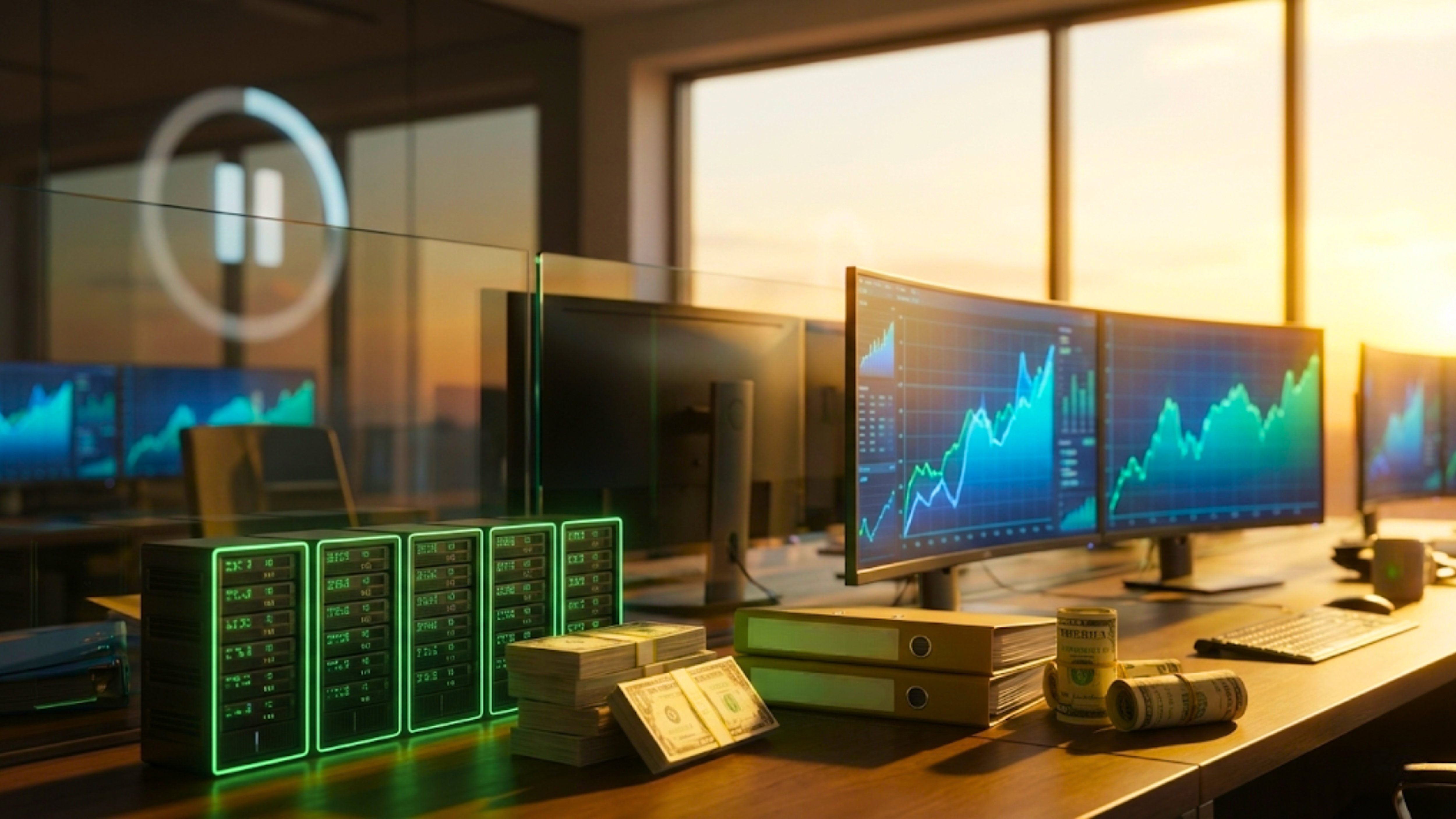 Trading desk with rising market charts reflects investor positioning amid higher-for-longer Federal Reserve rates.