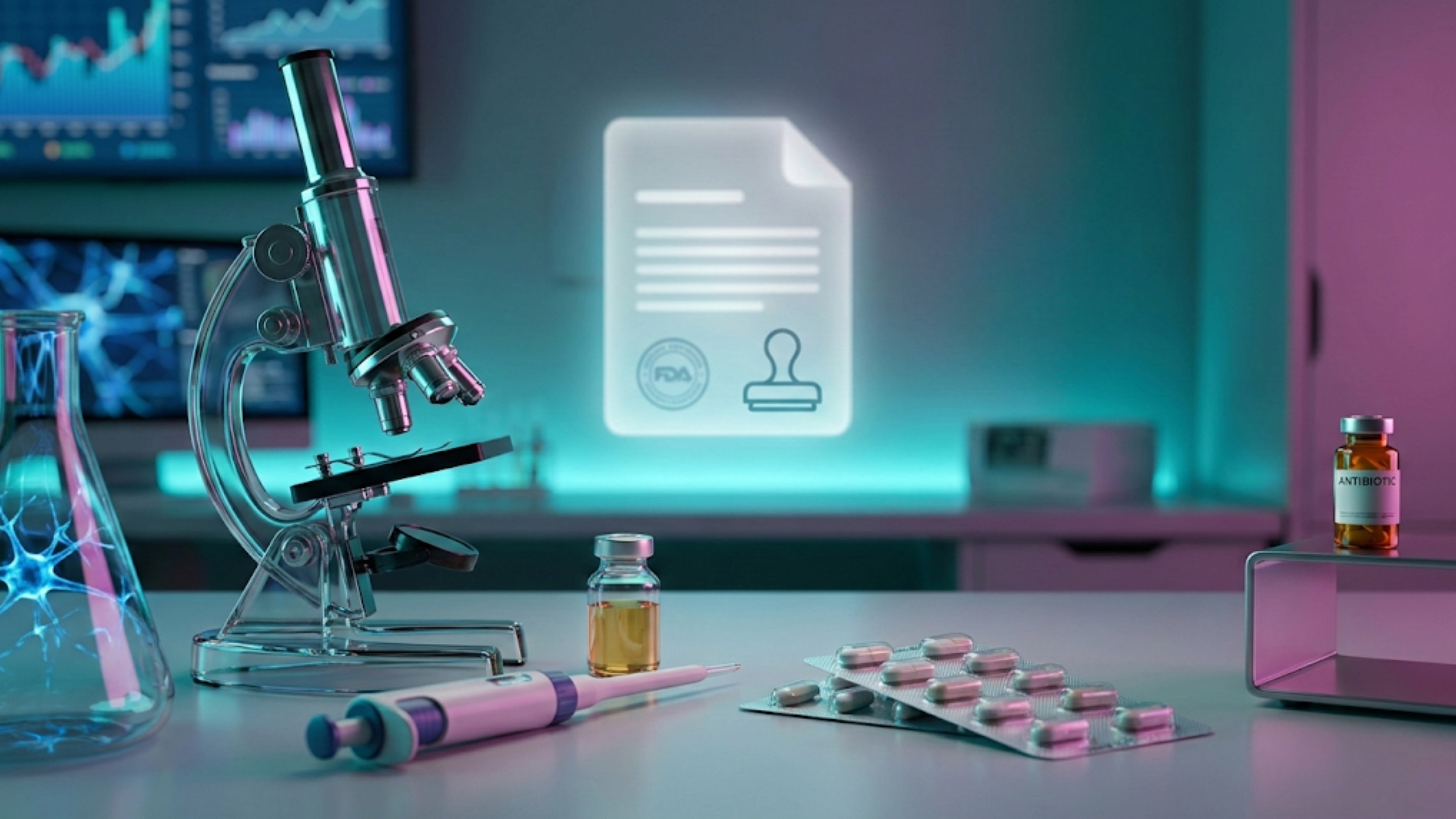 Laboratory microscope, pills and syringes on bench signal pharmaceutical research momentum and biotech earnings outlook.