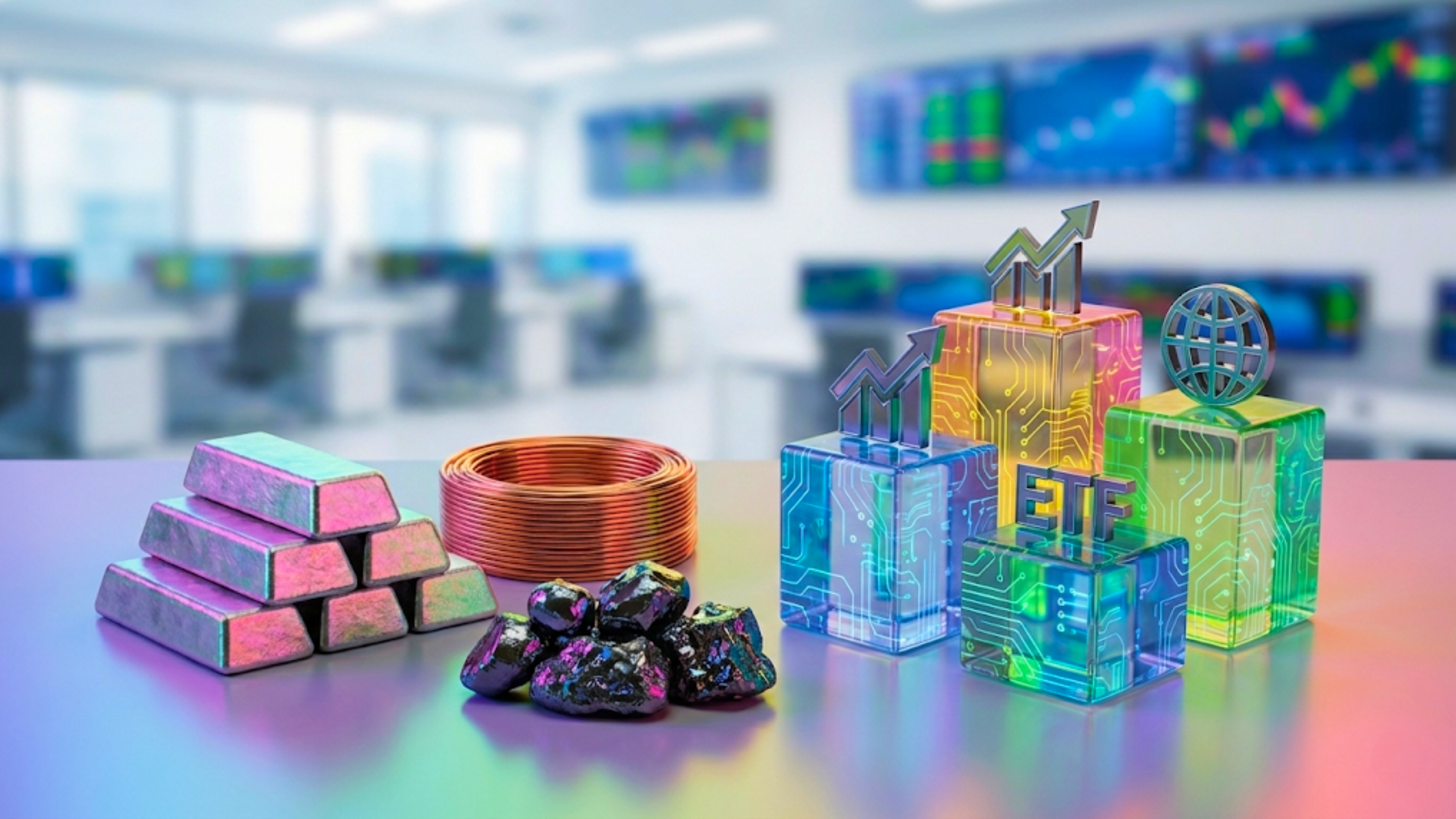 Commodity metals and ETF blocks with upward arrows on trading desk illustrate diversified investment strategies.