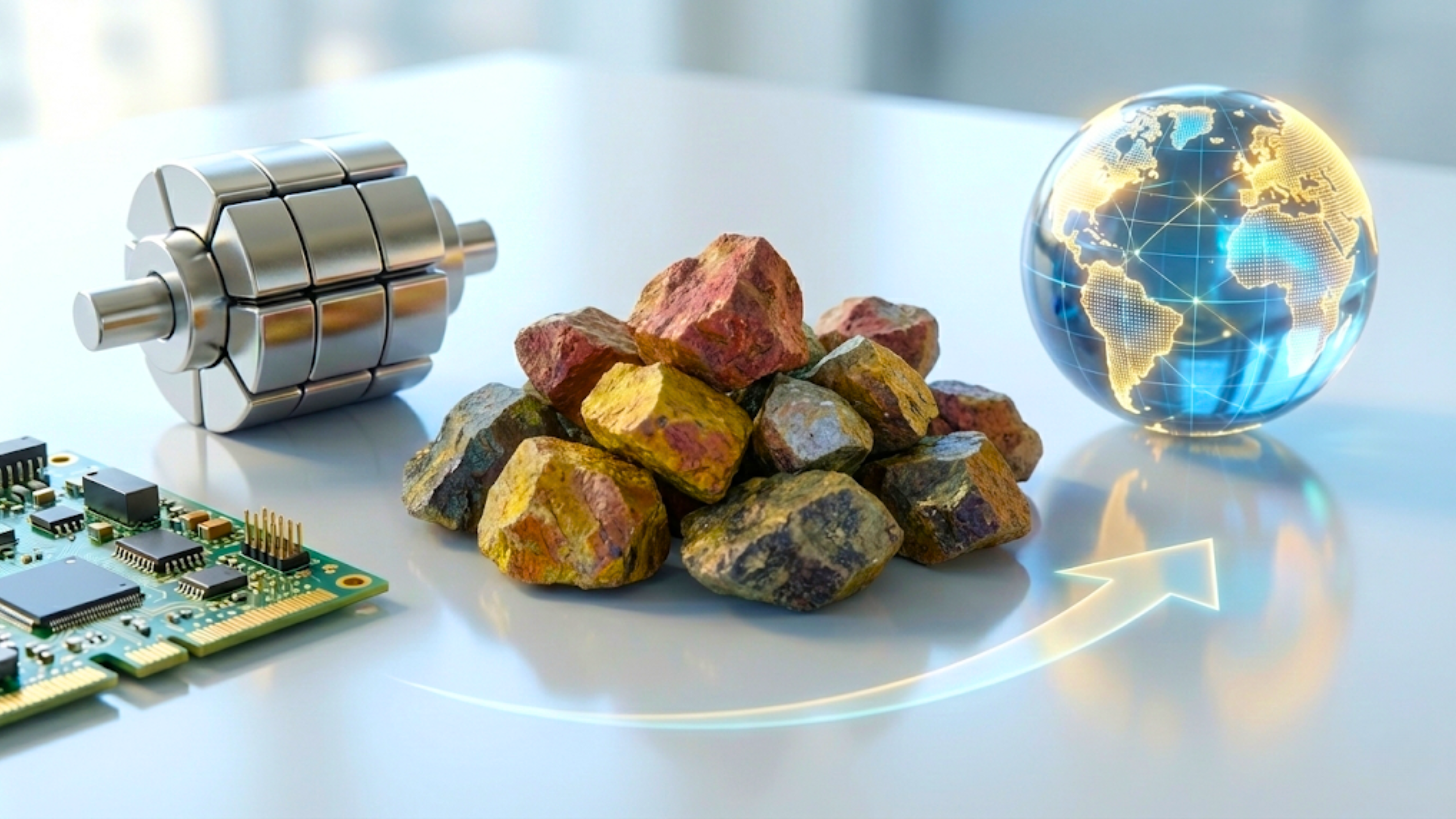 Industrial components, raw minerals and global trade icon show supply chain exposure and demand for critical materials.