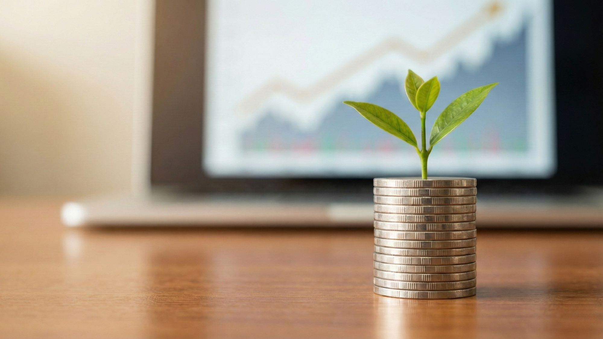 A stack of coins with a growing green plant, symbolizing dividend growth and income investing.