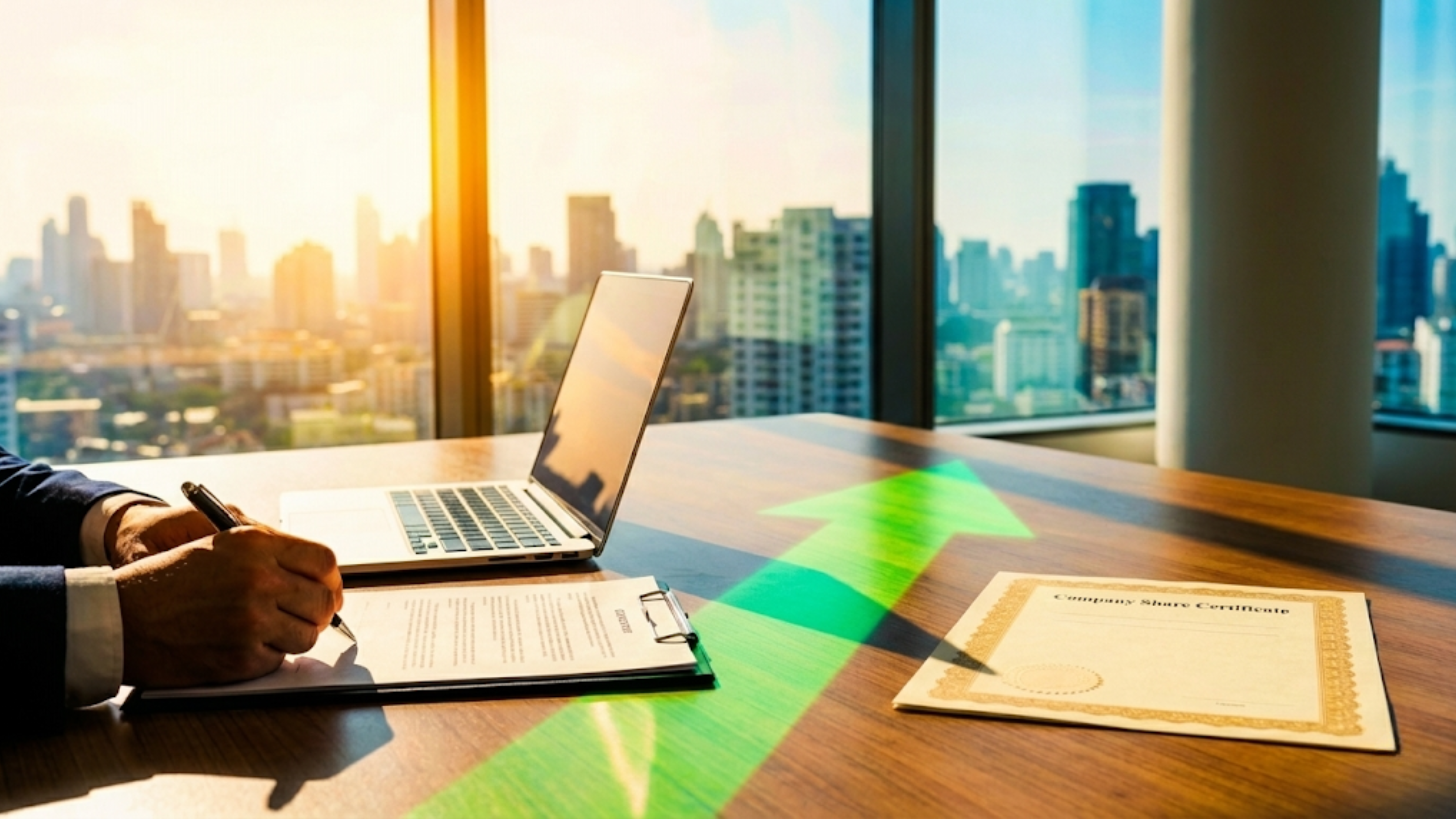 Executive signing documents beside stock certificate and upward arrow signals insider buying confidence.