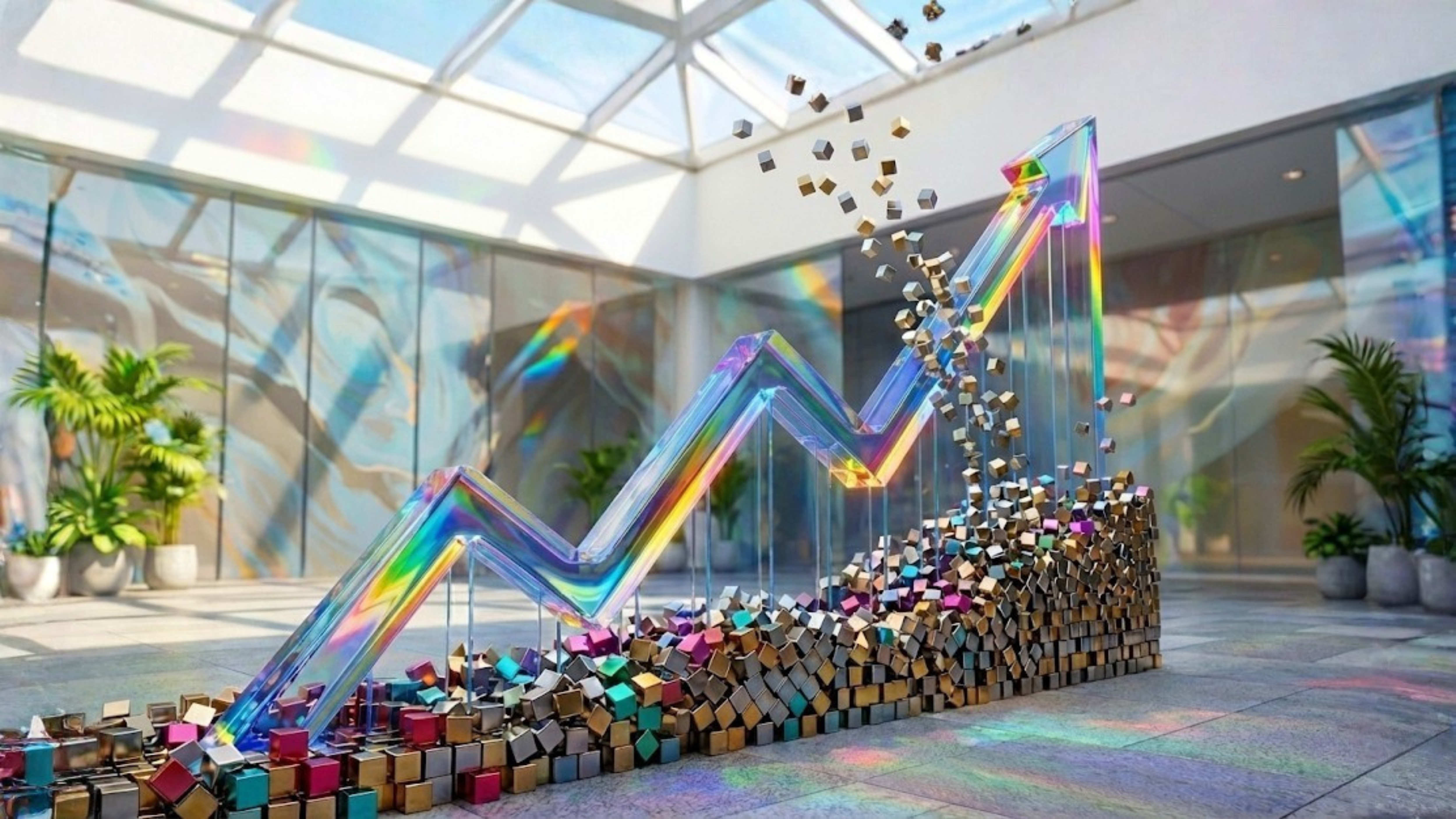 Abstract rising chart built from cubes illustrates accelerating market momentum and bullish investor sentiment.