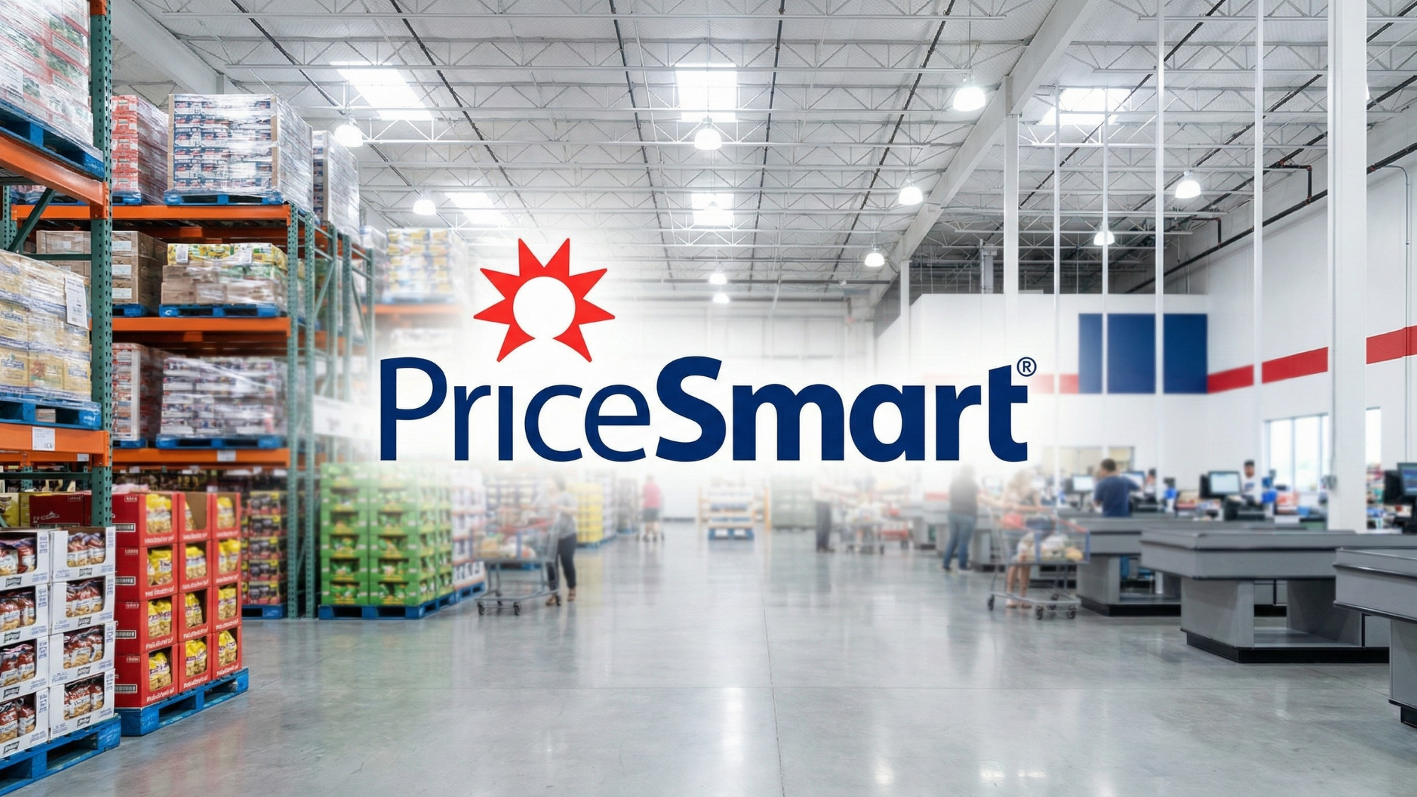 Imaginative depiction of a PriceSmart shopping center, with customers and company branding visible.