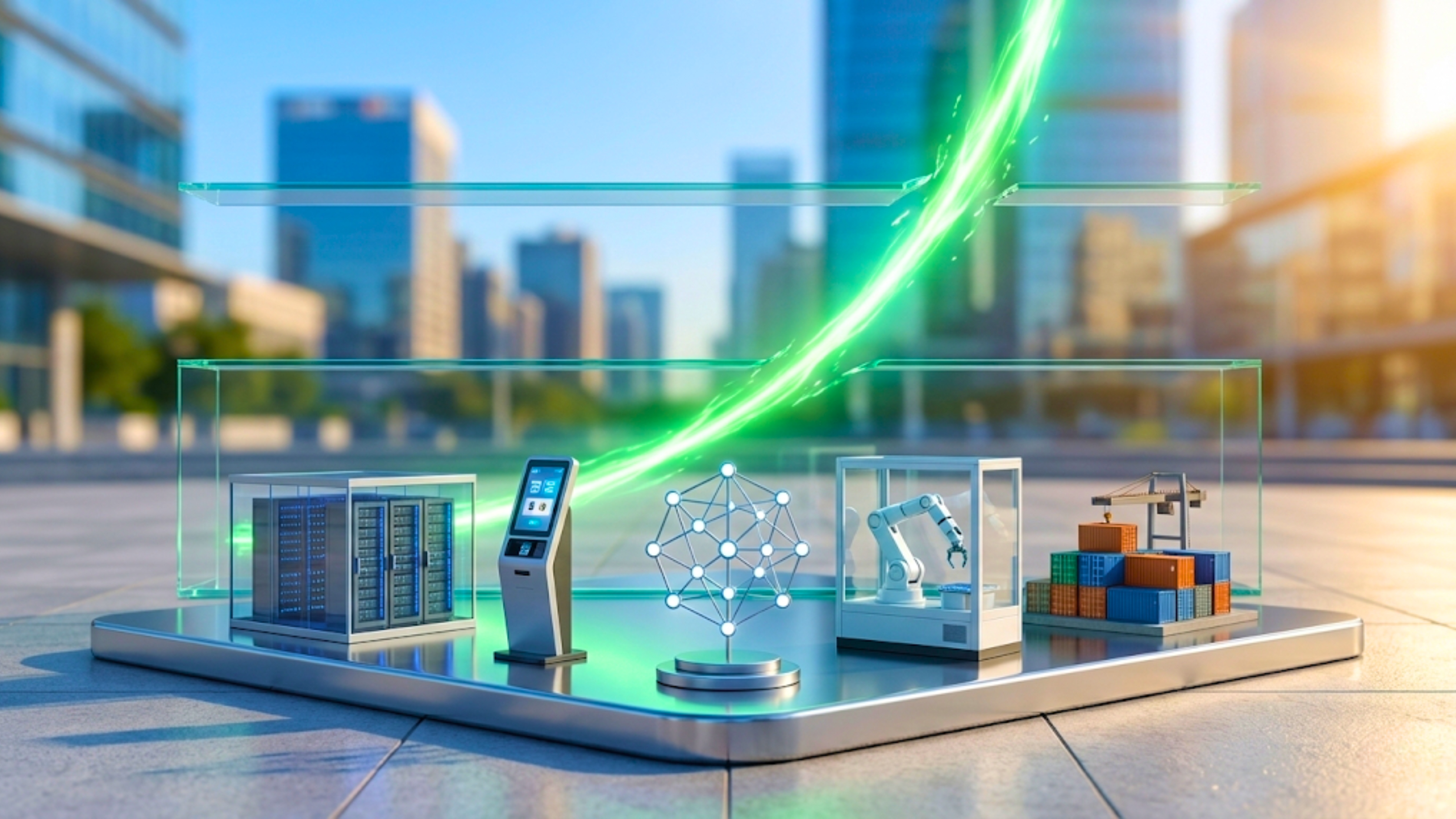 Conceptual display of growth stocks highlights AI, automation, data centers and logistics driving earnings expansion.