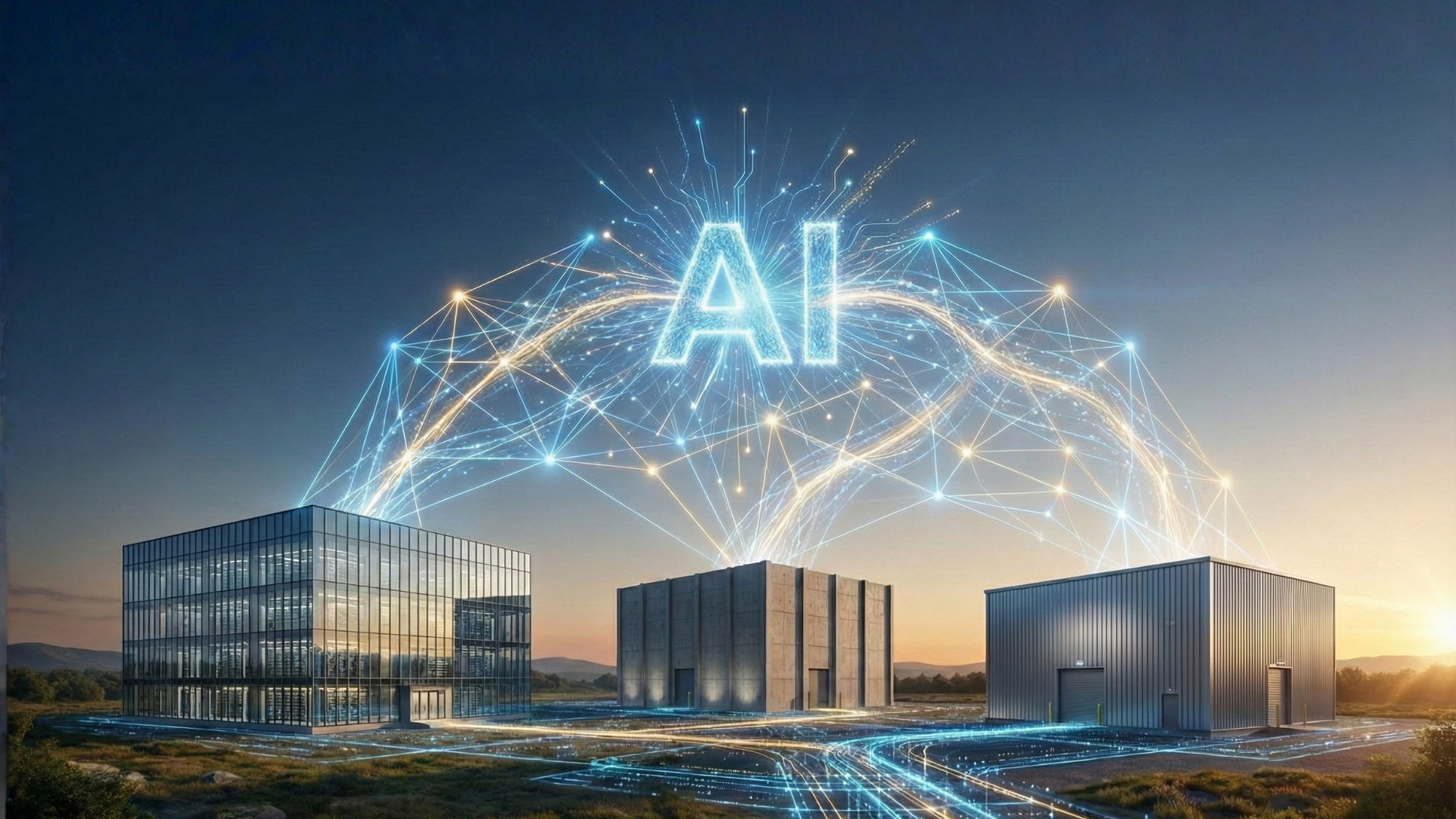 AI cloud infrastructure linking multiple data centers with glowing network connections, illustrating cross-cloud AI growth and integration.