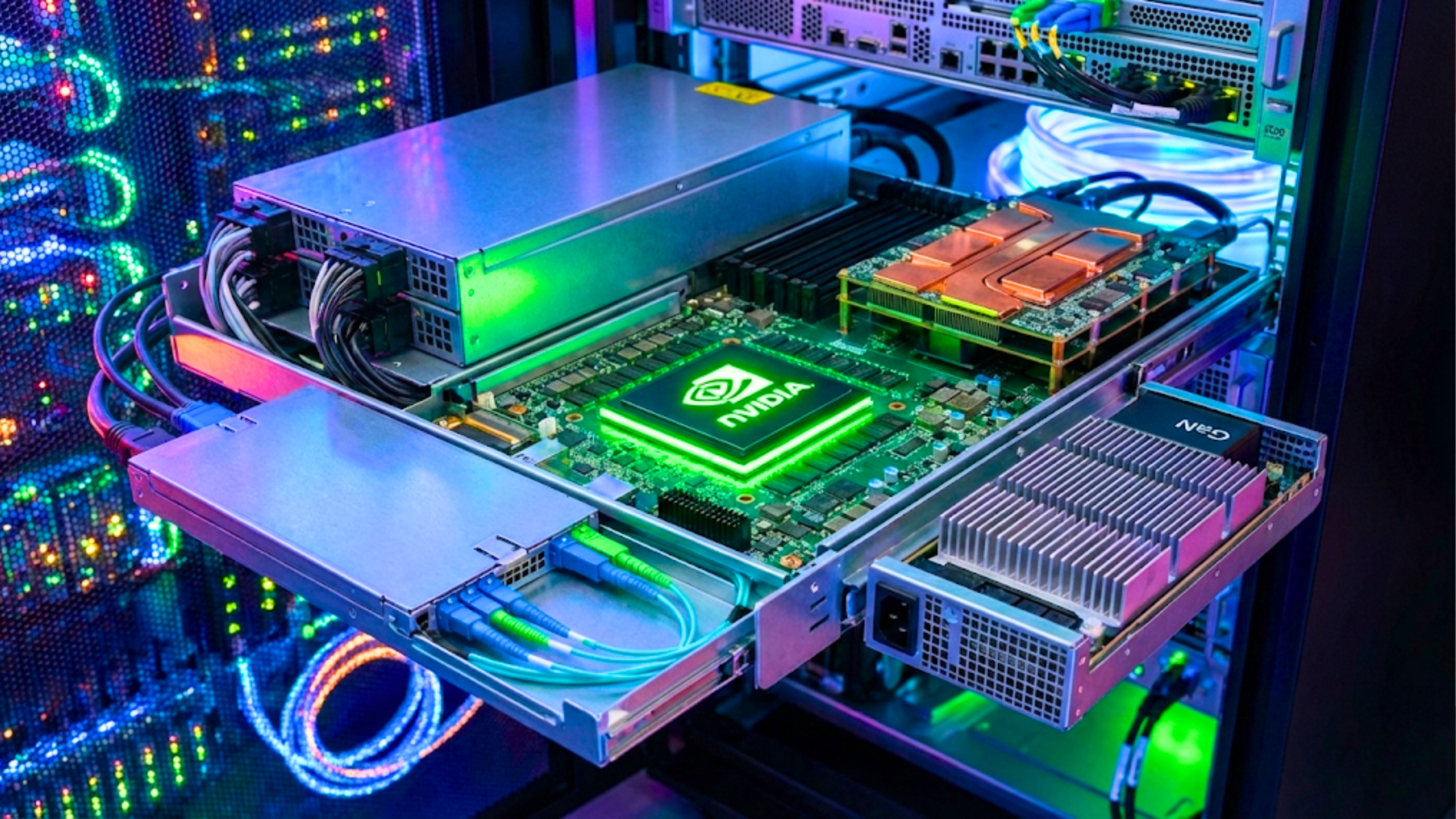 Server rack with an exposed NVIDIA-branded accelerator board and cooling components inside a data center.