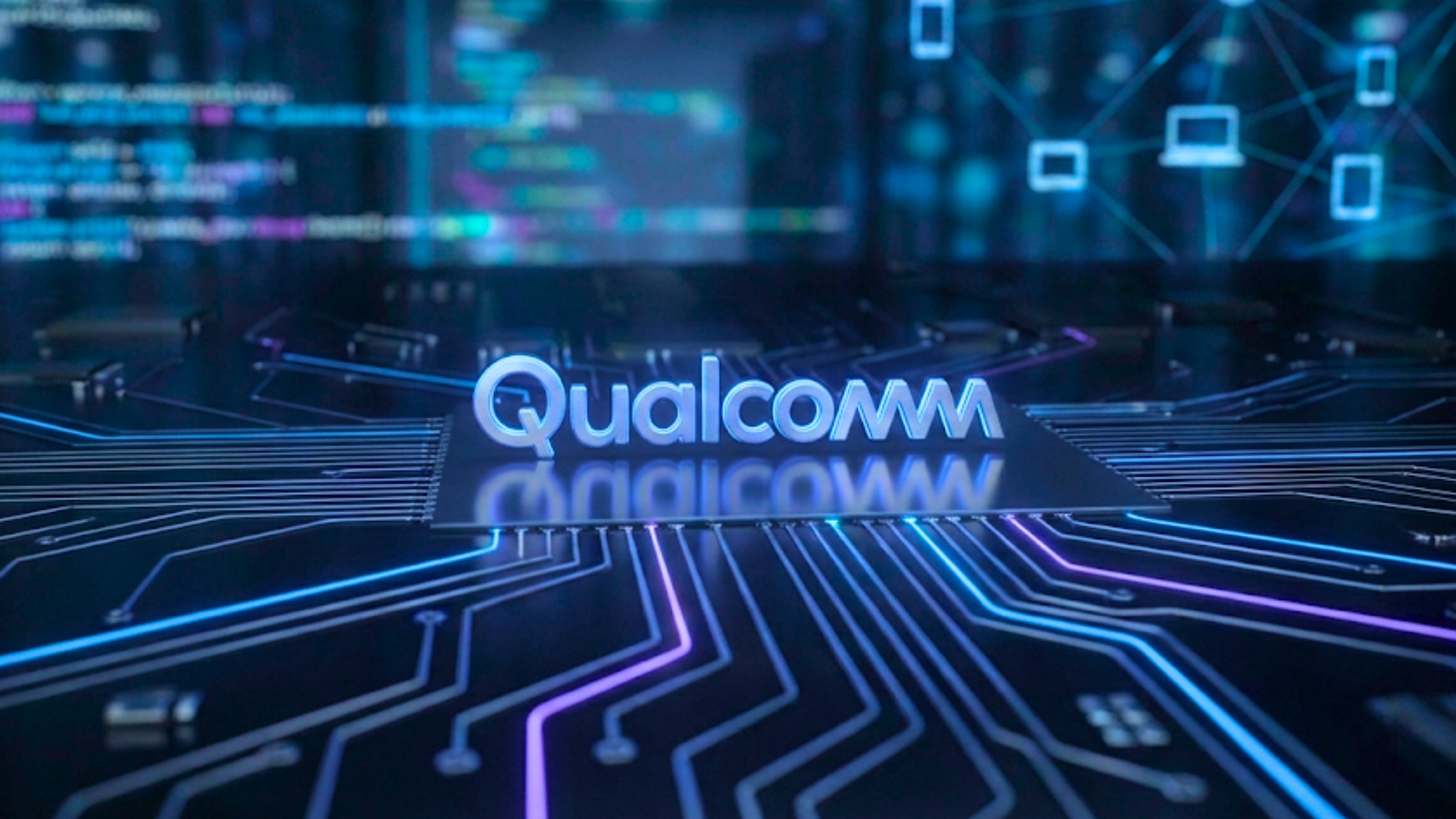 Qualcomm logo over advanced semiconductor circuitry underscores its leadership in mobile, AI, and connectivity chips.
