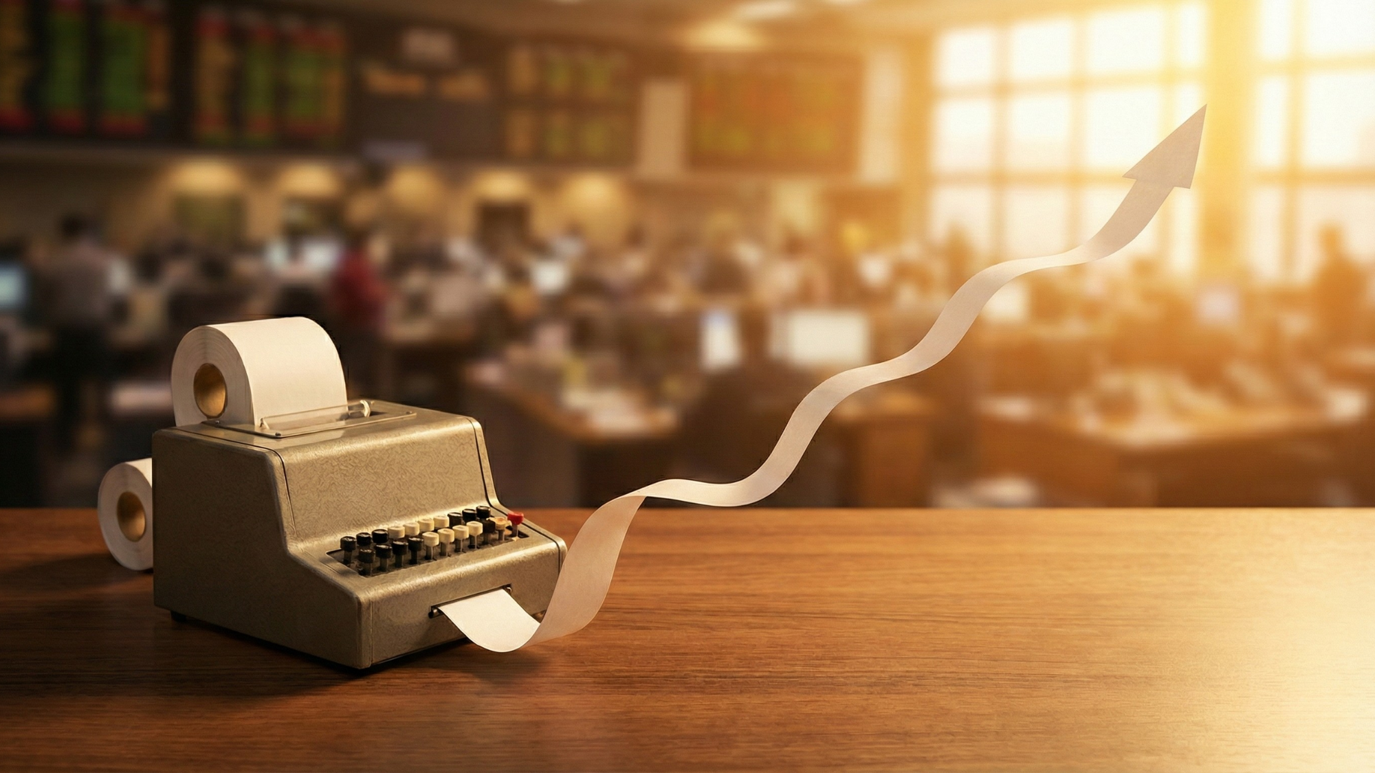 Vintage adding machine prints tape rising into an arrow, symbolizing a small-cap stock rally to new highs.