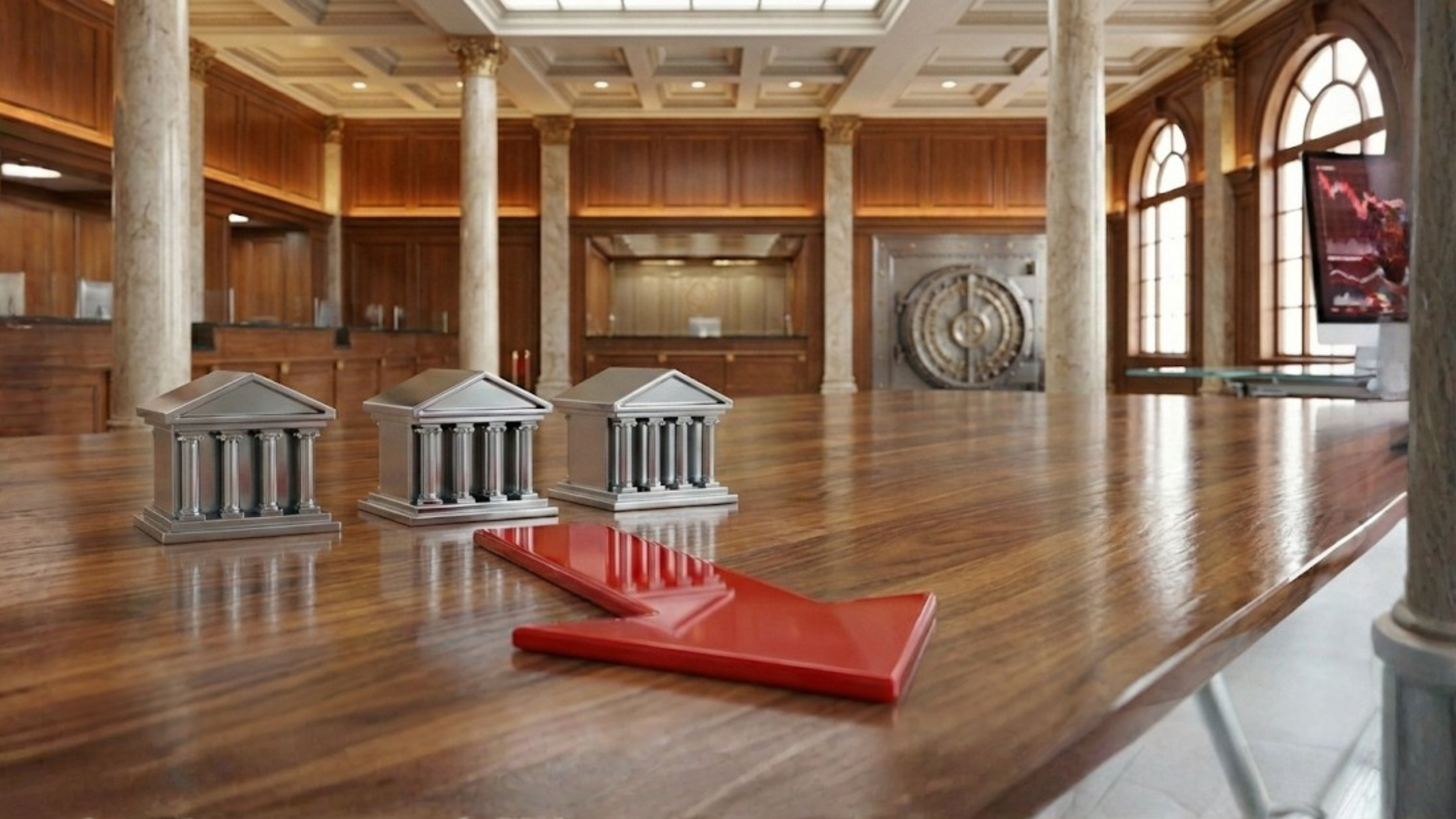 Red downward arrow beside bank icons inside a vault-like trading hall reflects declining bank stocks.