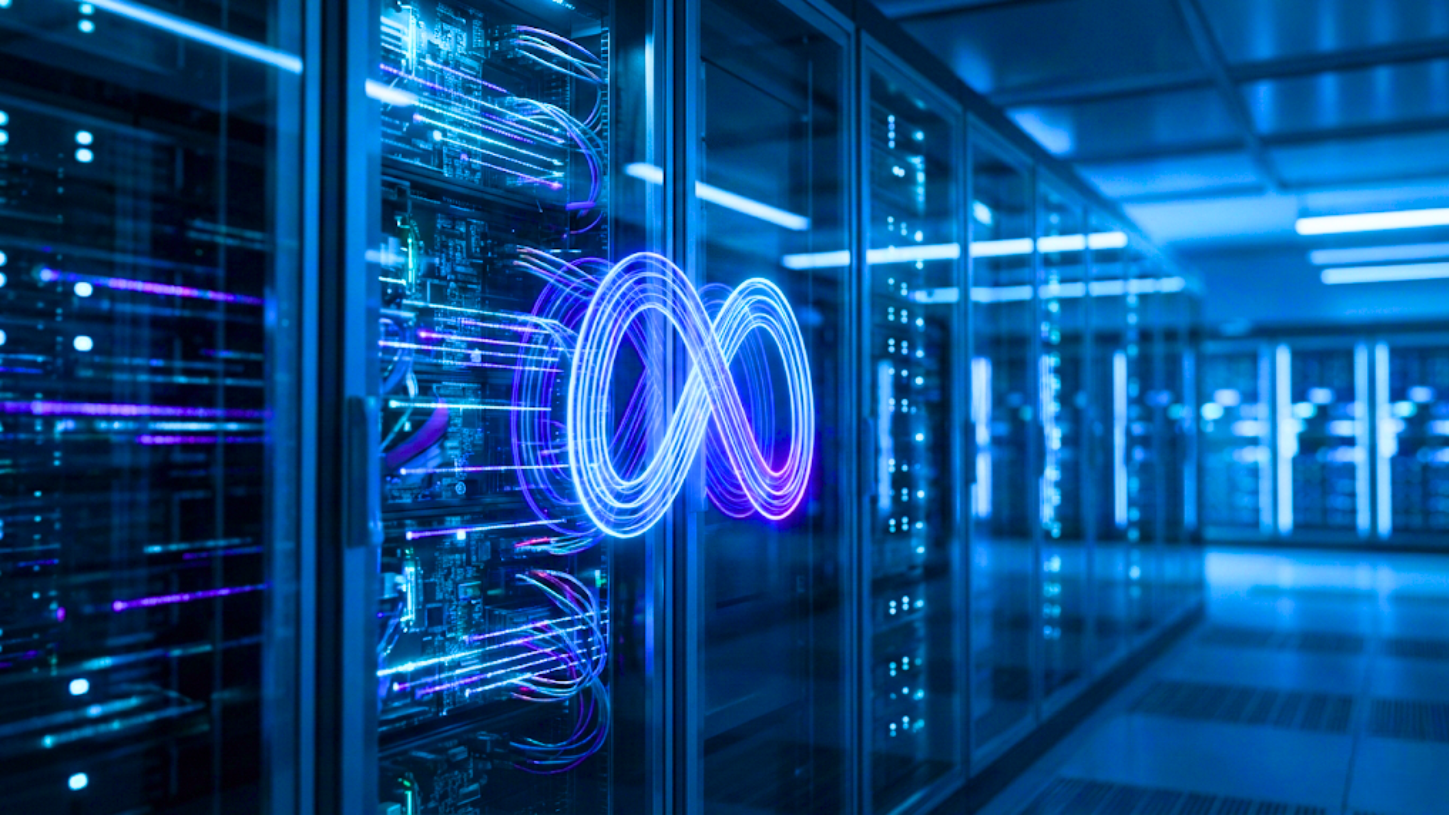 Meta logo glowing between glass server racks in a modern data center, symbolizing Meta’s AI and cloud infrastructure.