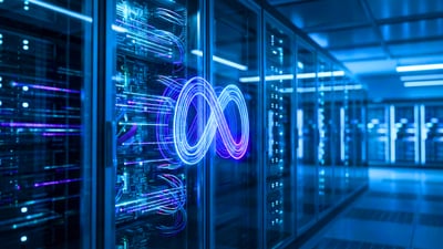 Meta logo glowing between glass server racks in a modern data center, symbolizing Meta’s AI and cloud infrastructure.