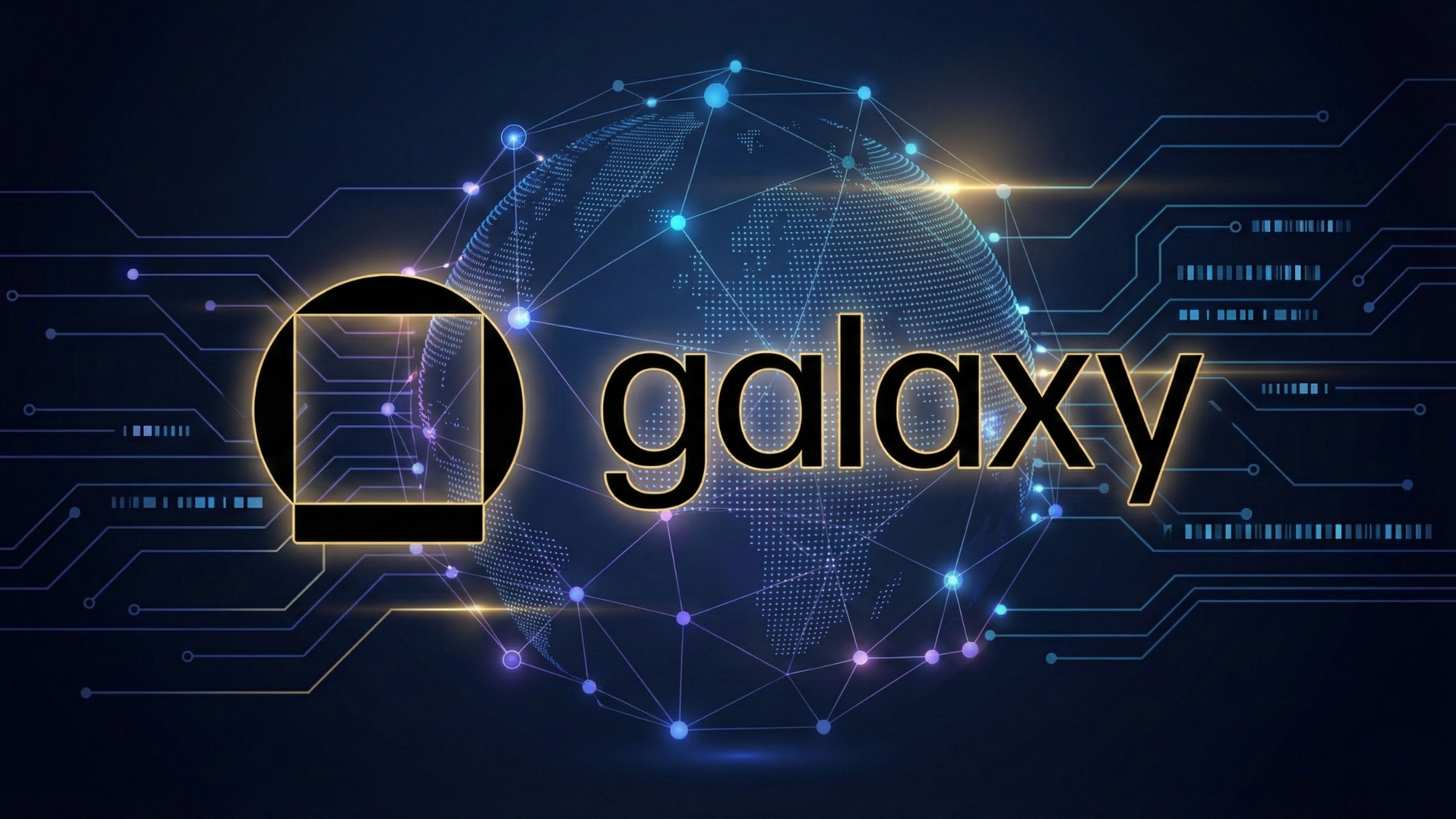 A minimalist Galaxy Digital logo centered over a glowing blue digital globe and circuit patterns.