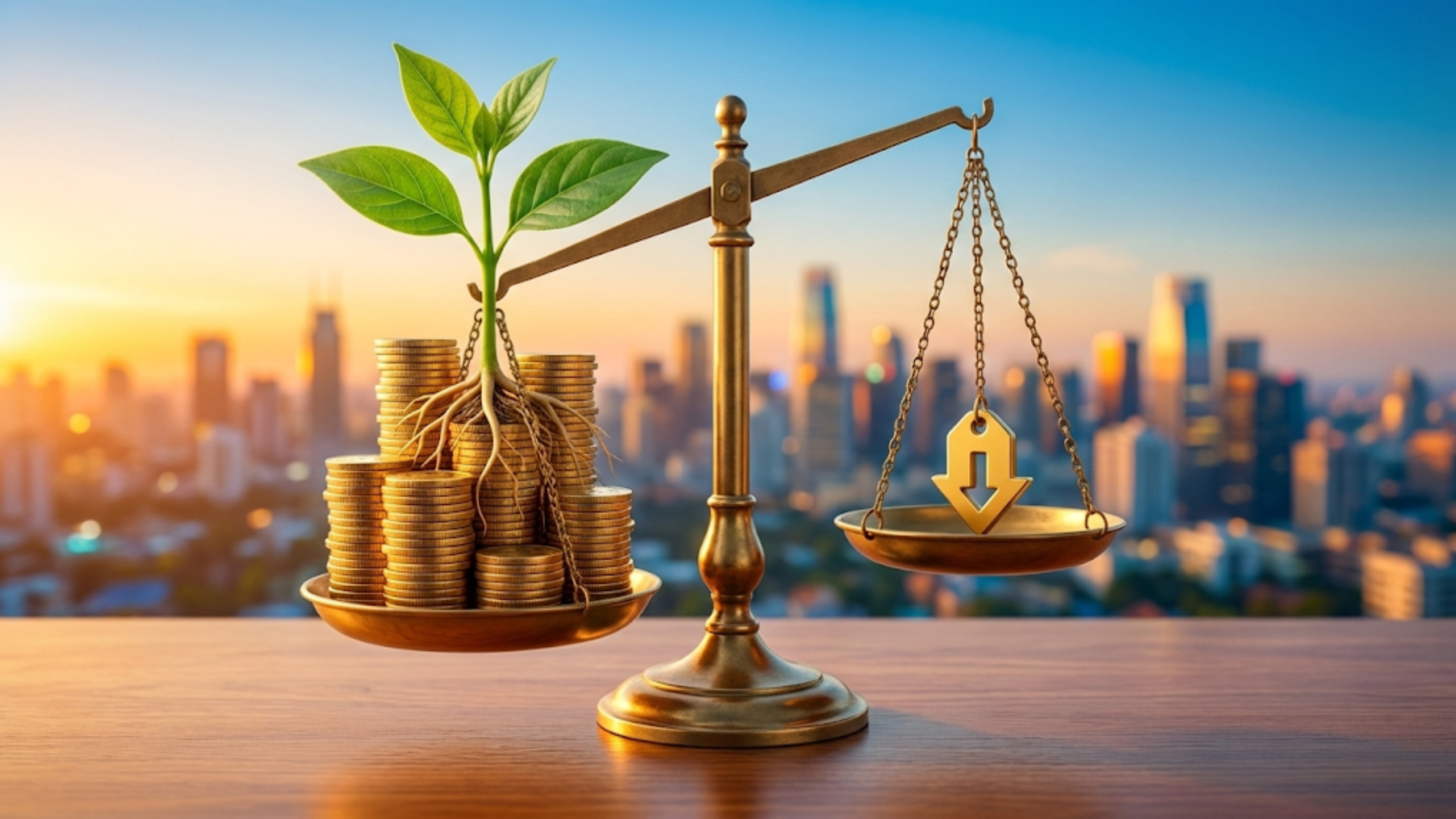Scale balances coin stacks and down arrow over city skyline, symbolizing low P/E value stocks in focus.