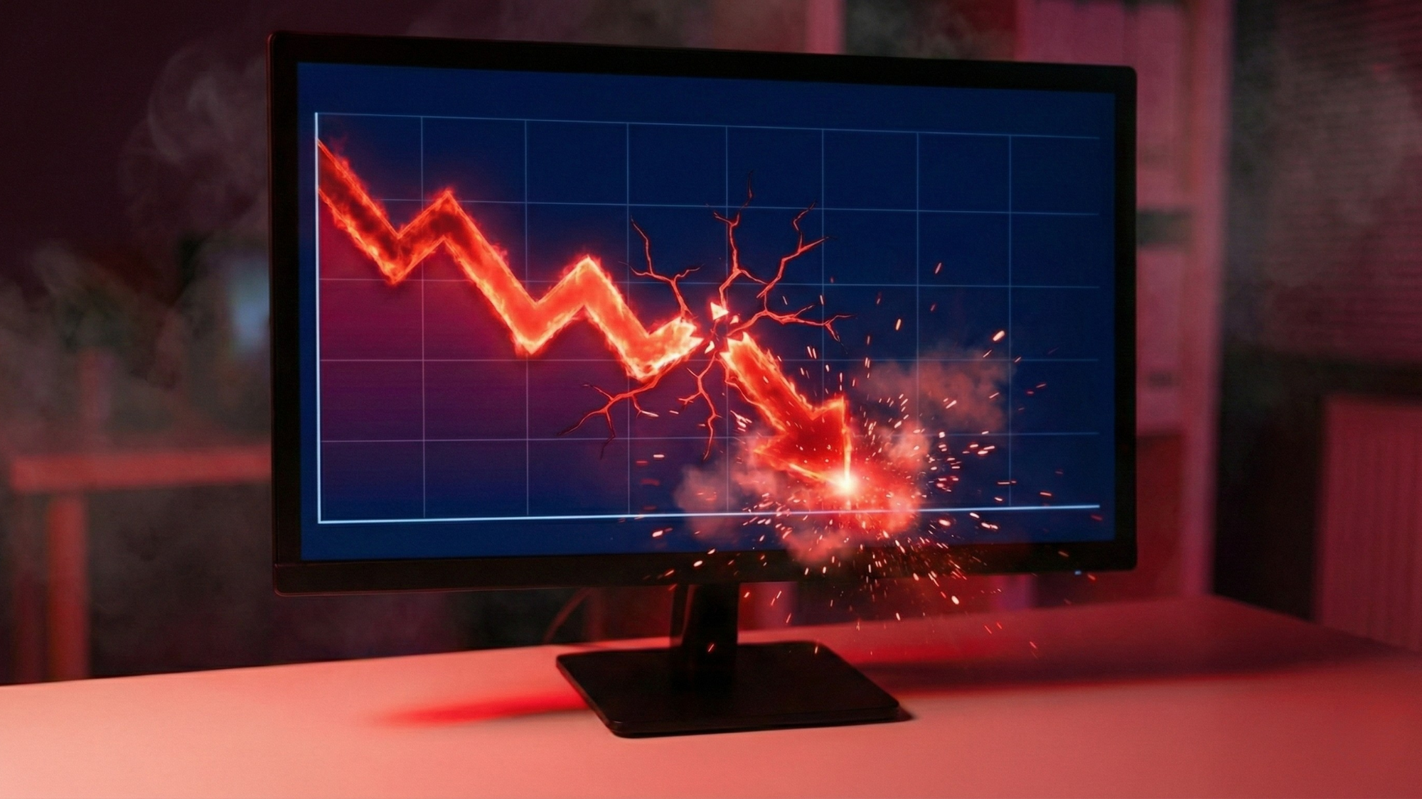 Falling red stock chart on a computer monitor with sparks and cracking effect, symbolizing a software sector selloff.