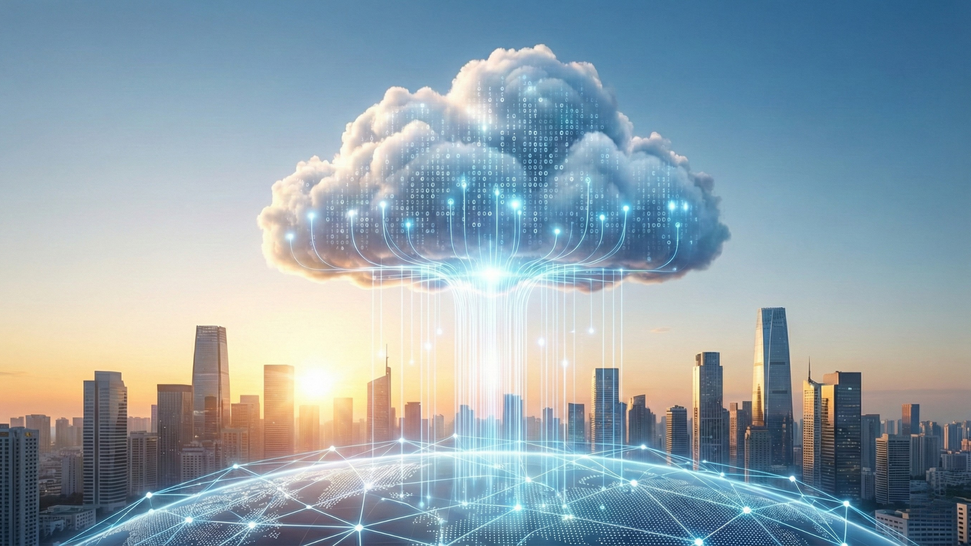 Glowing digital cloud above city skyline, data streams linking to network grid—symbolizing Cloud 3.0 investing.