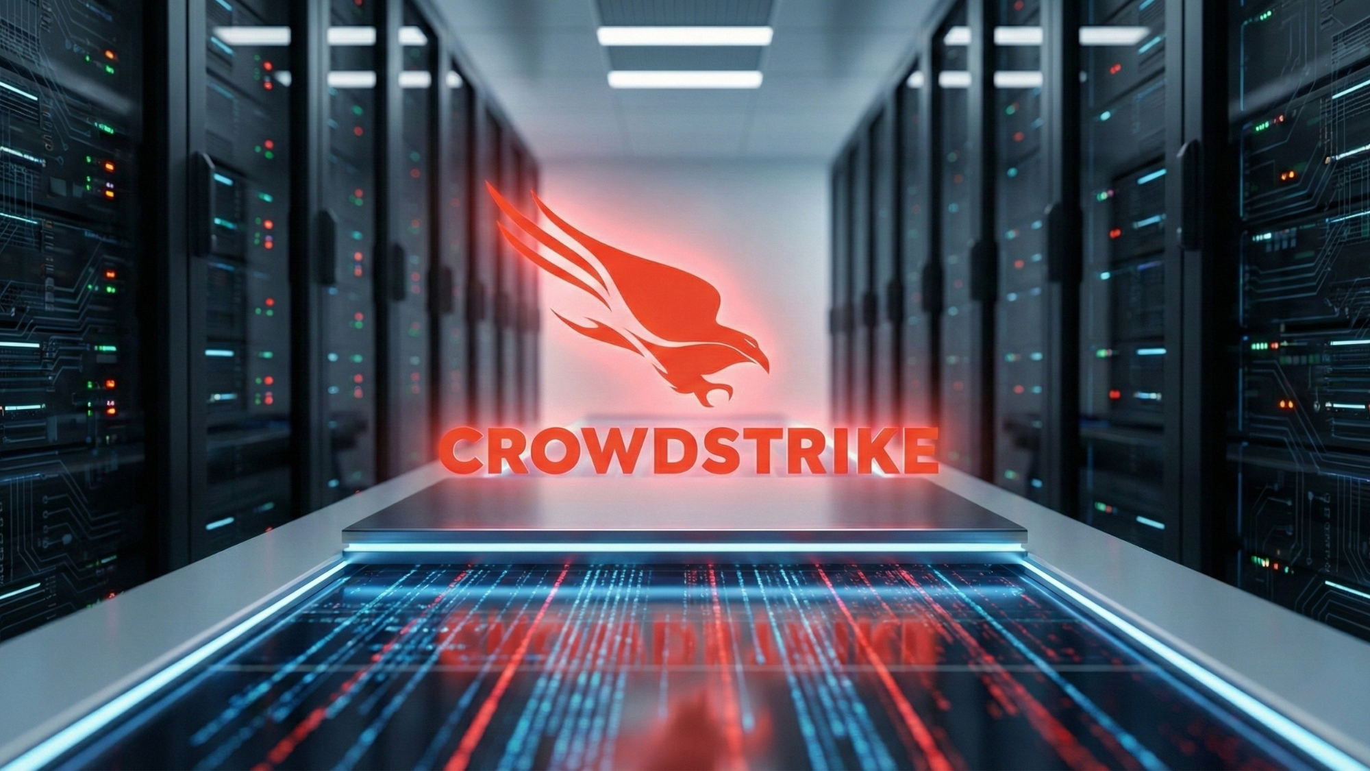 CrowdStrike falcon logo glowing in a modern data center aisle, with servers and digital code reflections.