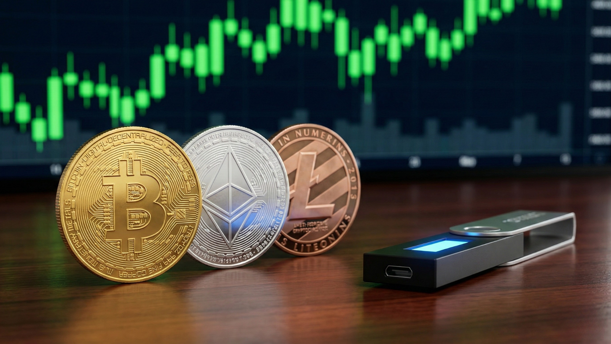 Bitcoin, Ethereum, and Litecoin coins with a hardware wallet in front of a rising market chart.