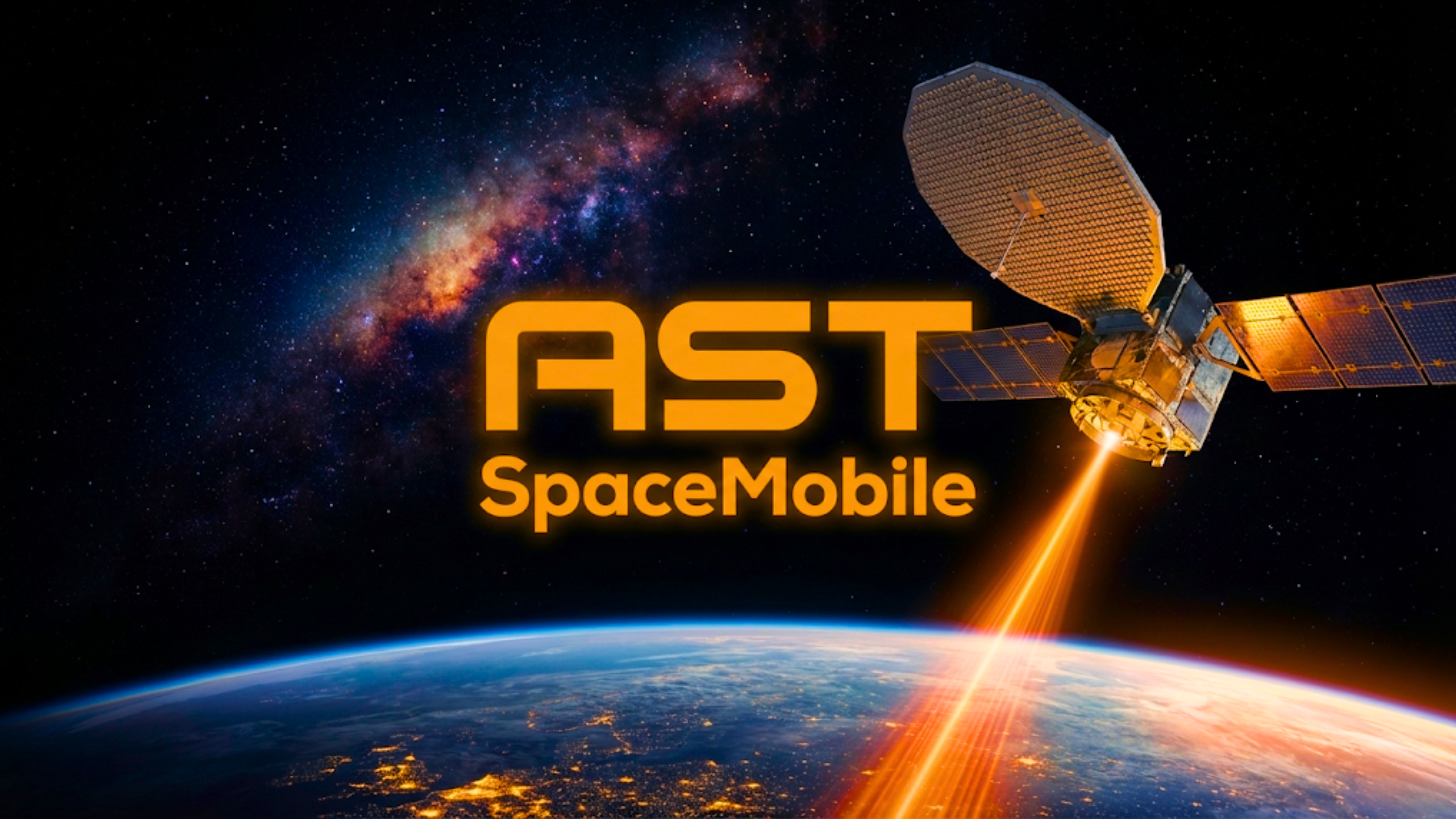 AST SpaceMobile branded promotional image showing a satellite orbiting Earth against a starry background.