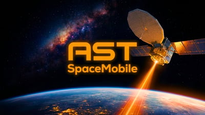 AST SpaceMobile branded promotional image showing a satellite orbiting Earth against a starry background.