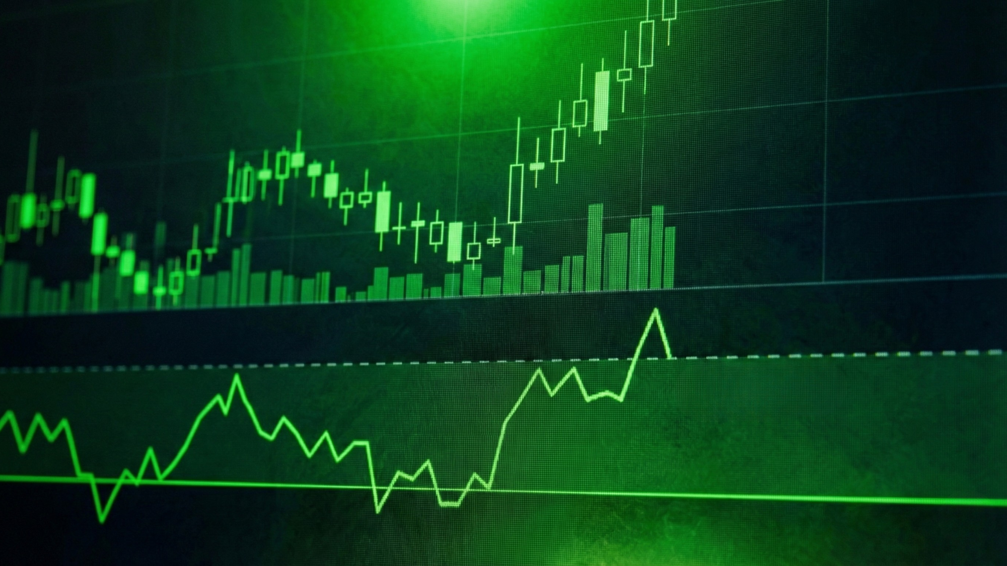 Green candlestick chart surging upward, symbolizing bullish markets and high-risk leveraged ETF trading.