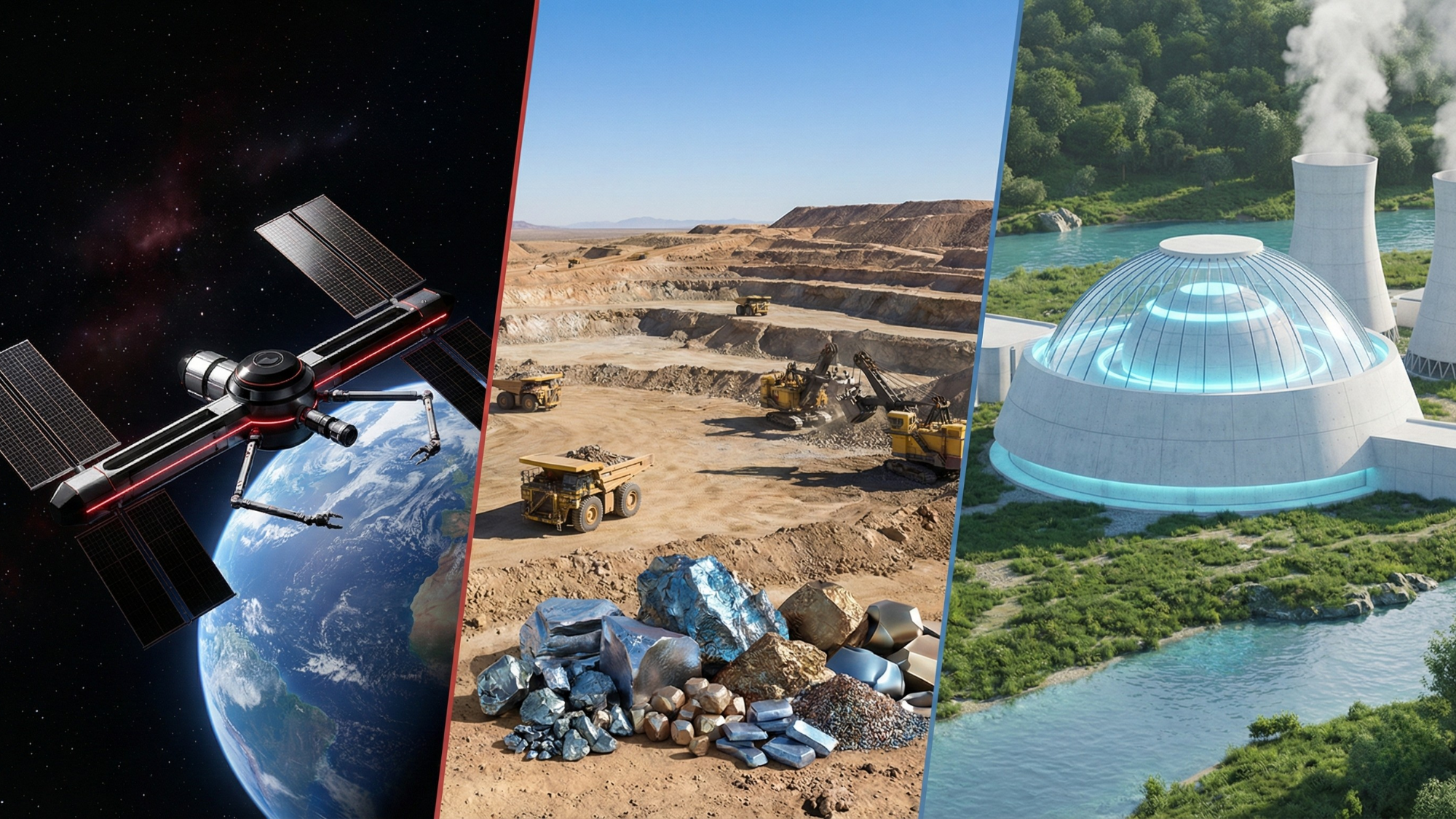 Split image of satellite, rare-earth mine, and nuclear plant, symbolizing volatile stocks and insider selling.