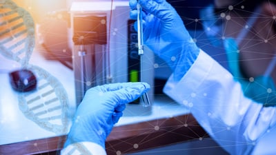 A gloved scientist handles a syringe vial in a biotech lab with DNA overlay.