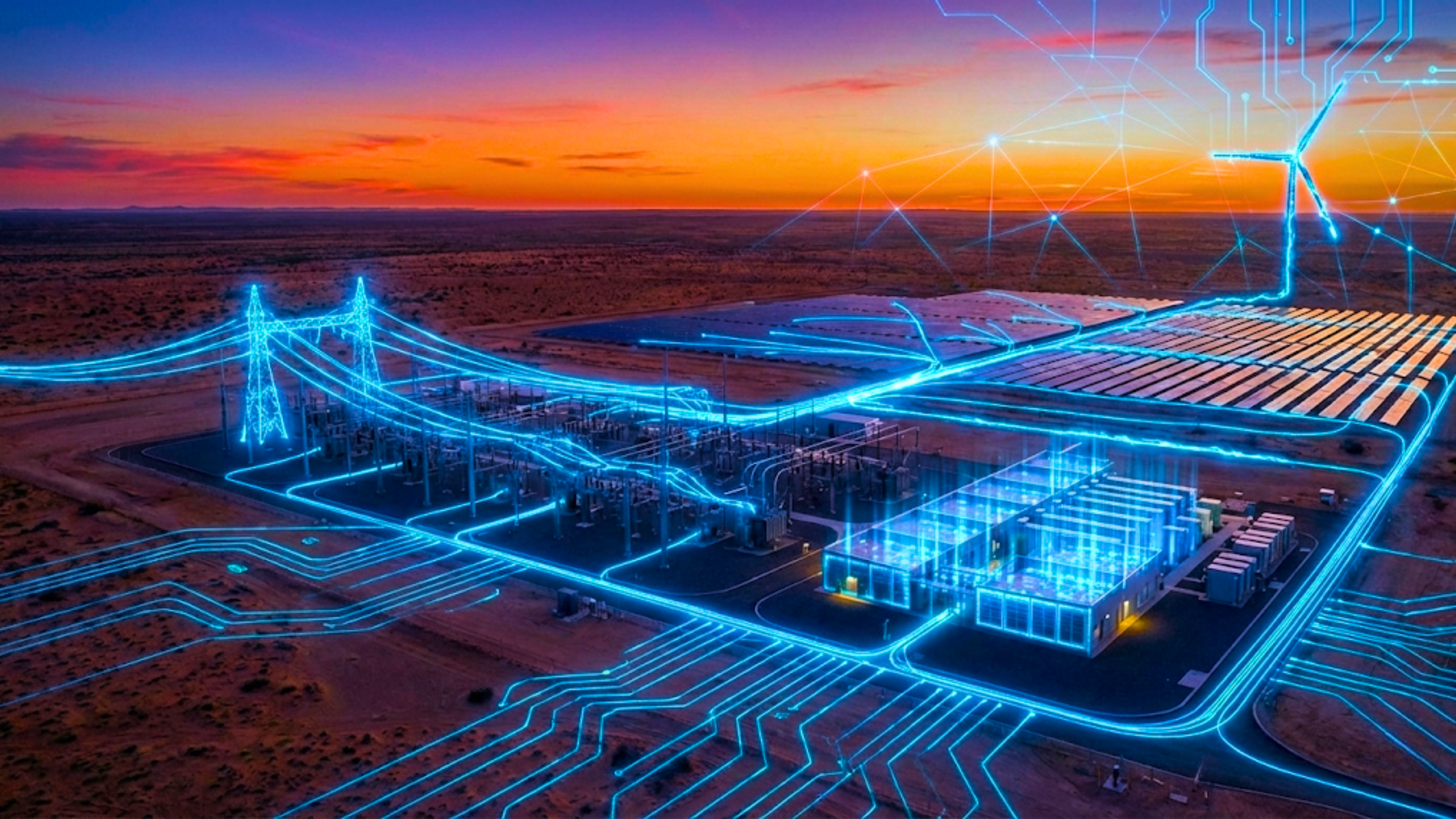 Data center campus with glowing network lines at sunset, symbolizing AI infrastructure and power demand.