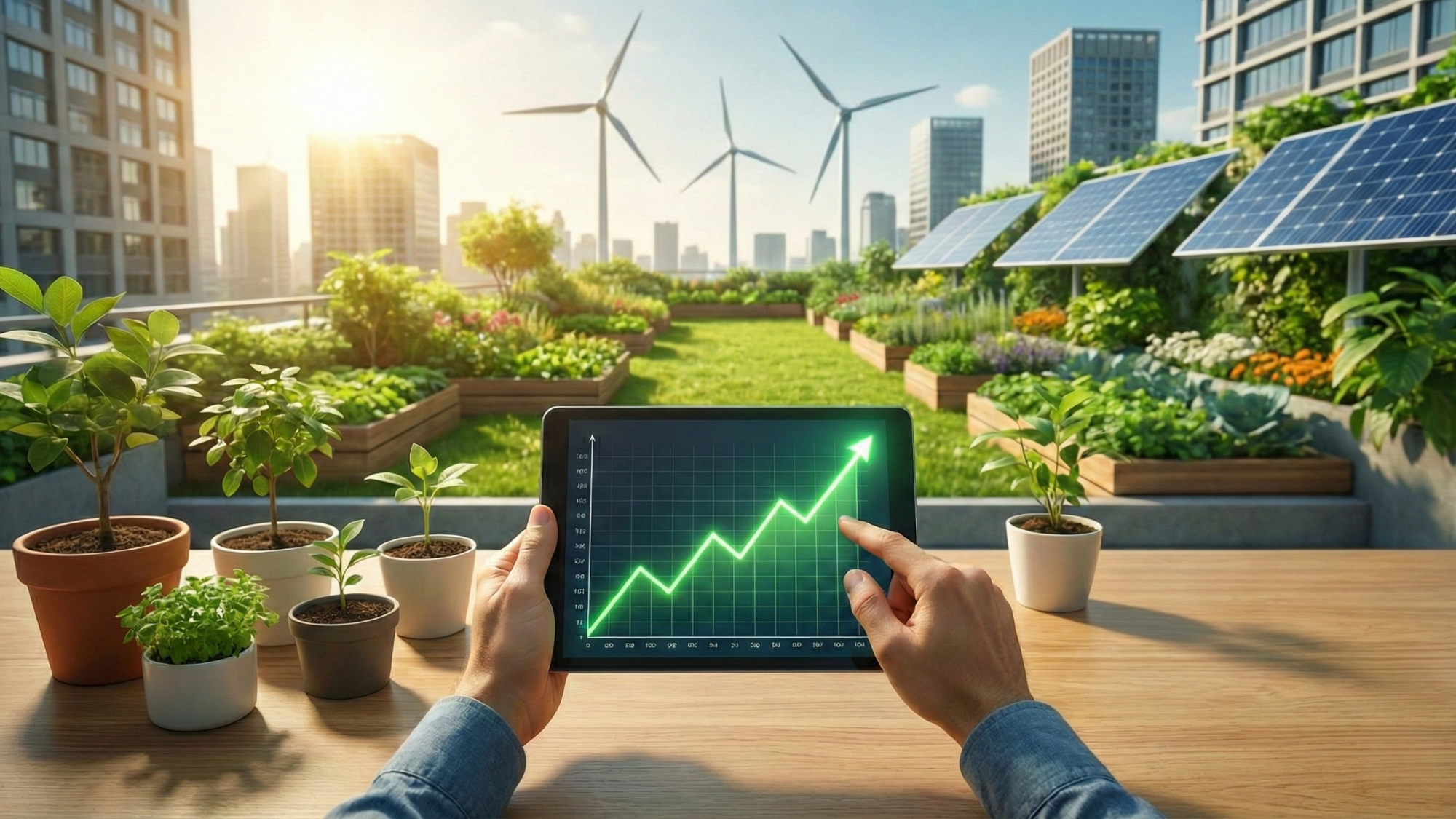 Hands hold tablet with rising market chart on green rooftop with solar panels and wind turbines.